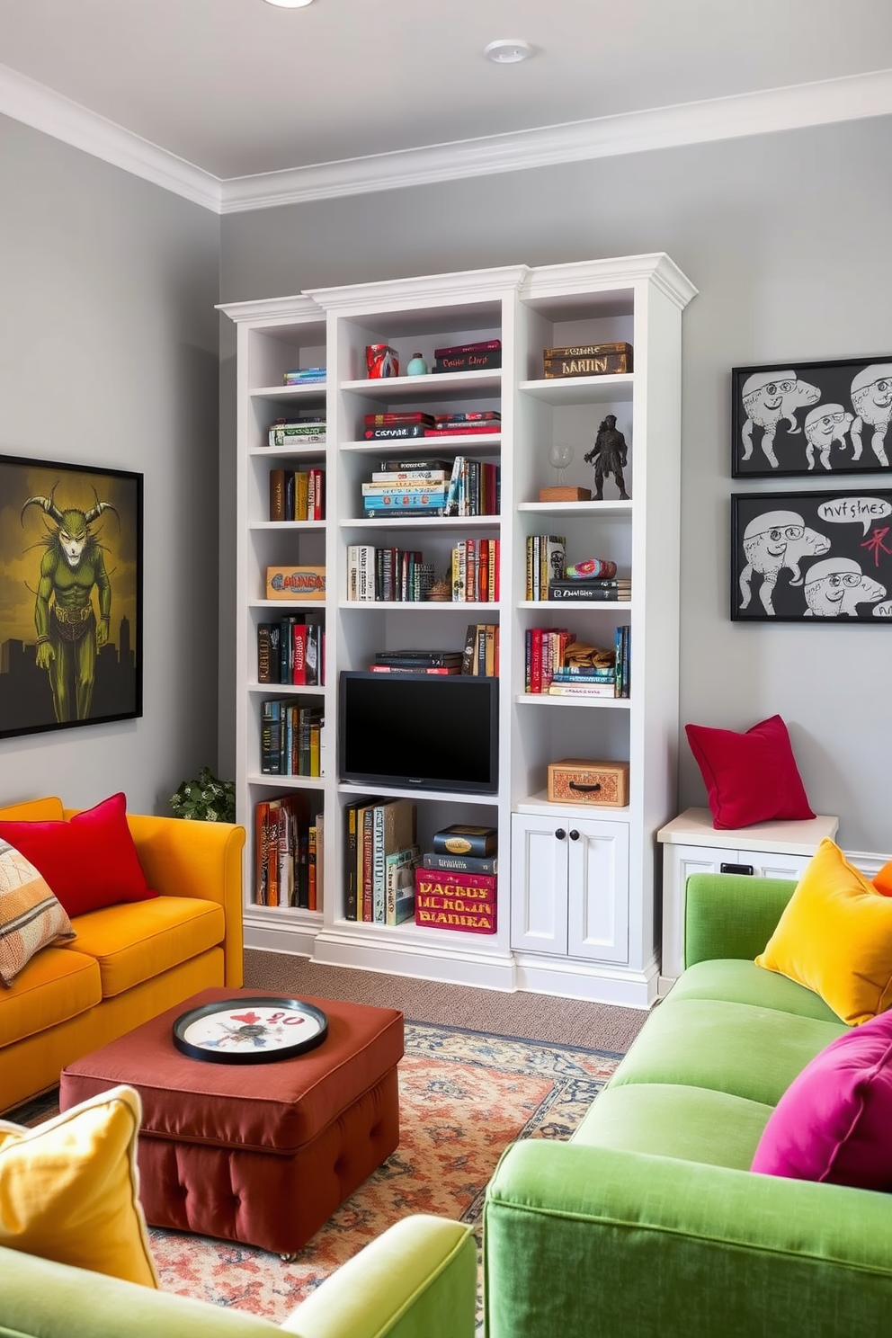 A stylish white bookcase designed for game storage stands against a soft gray wall. The bookcase features open shelving filled with neatly organized board games and decorative boxes, complemented by a cozy reading nook nearby. The game room is adorned with plush seating in vibrant colors, creating a playful yet sophisticated atmosphere. A large area rug anchors the space, while wall art depicting gaming themes adds a personal touch to the design.