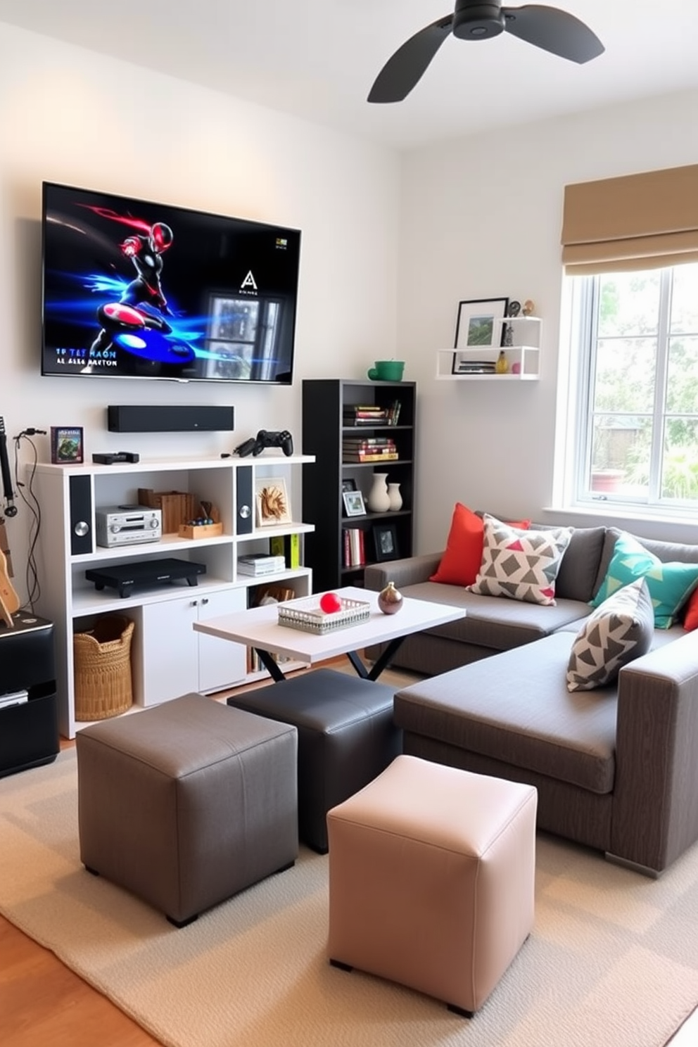 Create a cozy game room designed for small spaces featuring multi-functional furniture. Include a sleek wall-mounted gaming console, a foldable table that can be tucked away, and a comfortable sectional sofa that converts into a bed for guests. Incorporate a bright color palette with white walls and bold accent pieces. Add storage solutions like ottomans that double as seating and shelves that display games and decor.