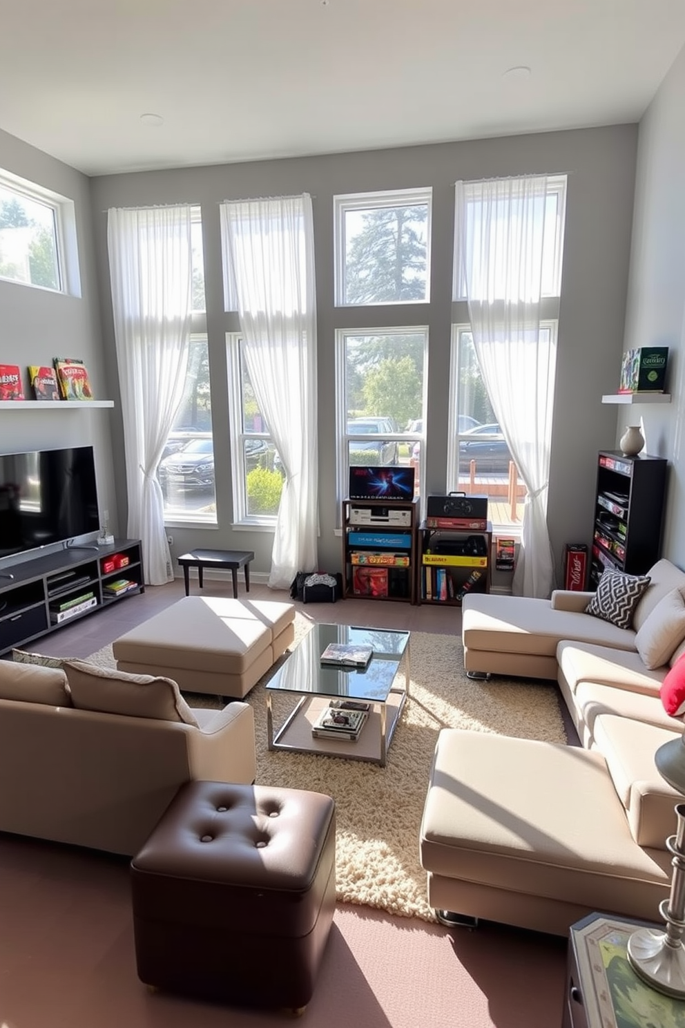 A bright game room featuring large windows adorned with white curtains that filter natural light beautifully. The space includes a comfortable sectional sofa, a sleek coffee table, and an entertainment center with a large flat-screen TV. The walls are painted in a soft gray hue, complementing the colorful gaming accessories scattered throughout the room. A plush area rug anchors the seating area, while shelves filled with board games and video game consoles add a playful touch.