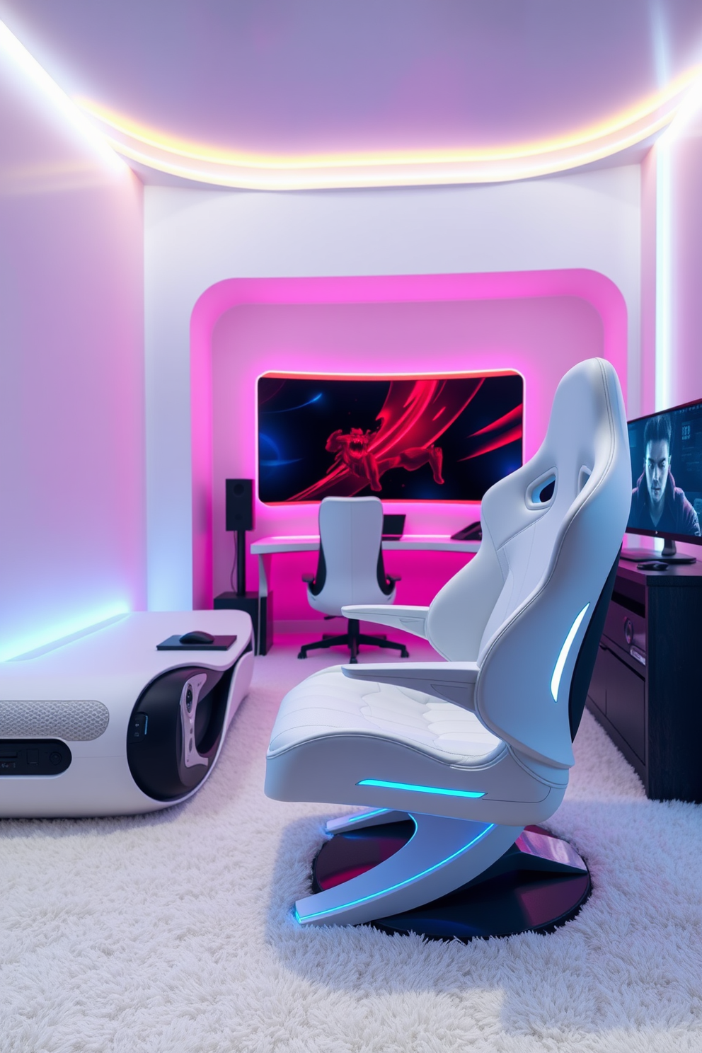 A sleek futuristic gaming chair with a white finish showcases ergonomic design and integrated LED lighting. The chair is positioned in a modern game room featuring a minimalist aesthetic with high-tech gaming consoles and a large curved screen. The walls are adorned with dynamic LED strip lighting that changes colors according to the gaming mood. Plush white carpeting covers the floor, creating a cozy atmosphere that complements the cutting-edge furniture.