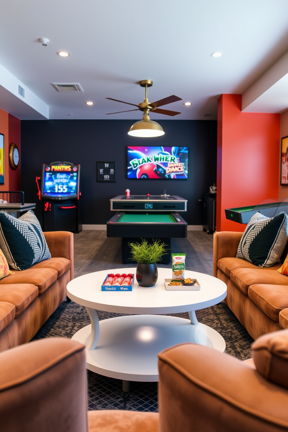 A compact white coffee table is positioned in the center of a cozy game room. The table is surrounded by plush seating, creating an inviting space for snacks and relaxation. The game room features a stylish design with a mix of modern and playful elements. Bright colors and fun decor enhance the atmosphere, making it perfect for entertaining guests.