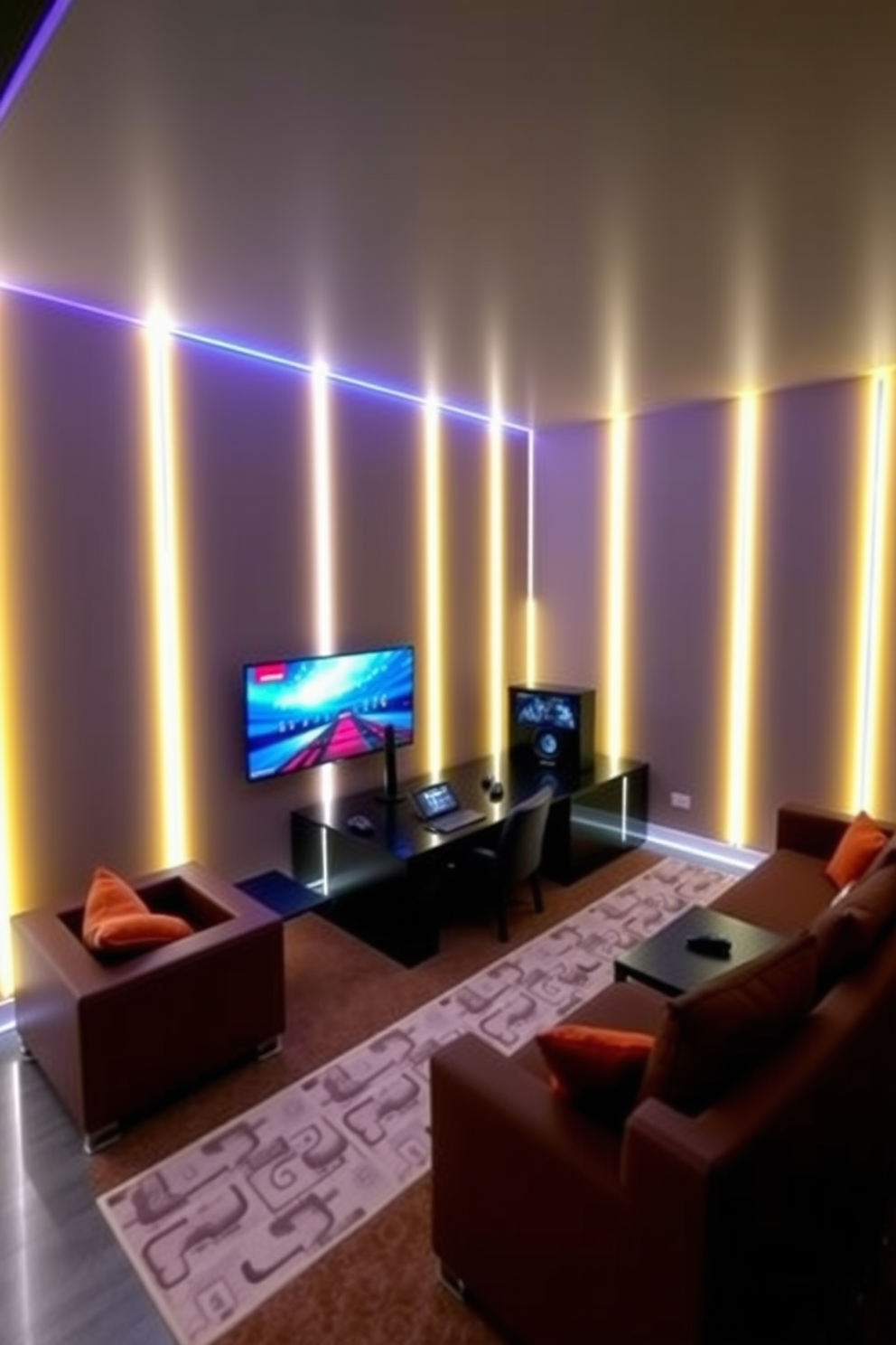 A modern game room featuring LED strip lighting that elegantly outlines the walls, creating a vibrant and inviting atmosphere. The space is filled with comfortable seating options and a sleek gaming console setup, perfect for entertaining friends and family.