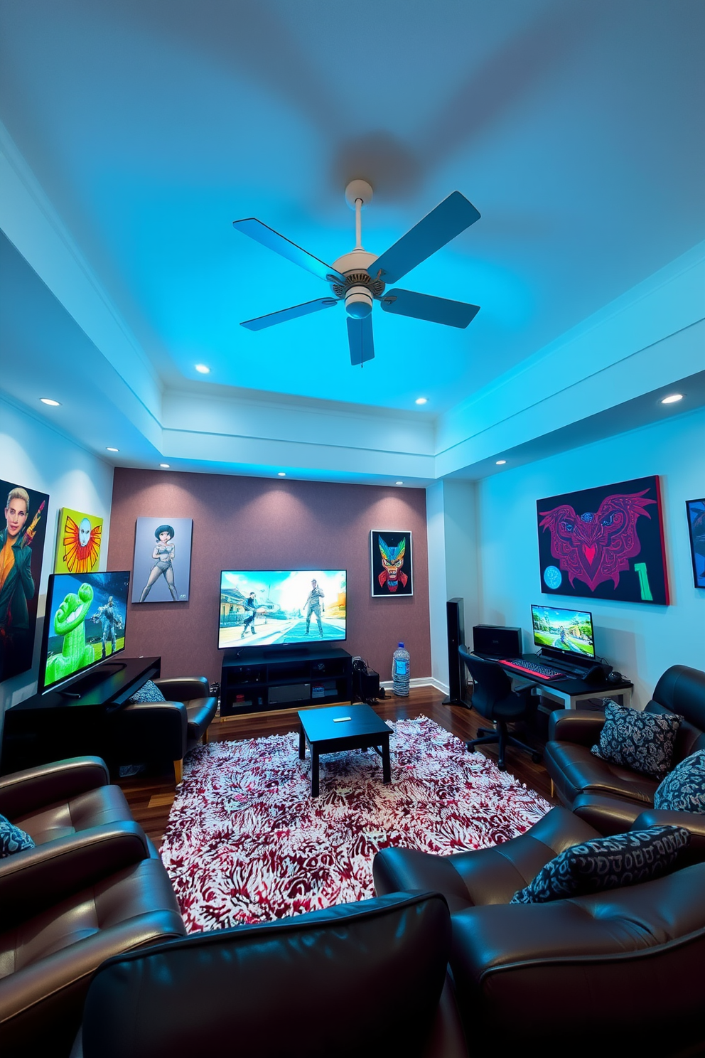 A stylish game room featuring a white ceiling fan for ventilation. The space is designed with comfortable seating, a large flat-screen TV, and a sleek gaming console setup. The walls are adorned with vibrant artwork that reflects a playful atmosphere. A plush area rug anchors the seating arrangement, creating a cozy and inviting environment for gaming and relaxation.