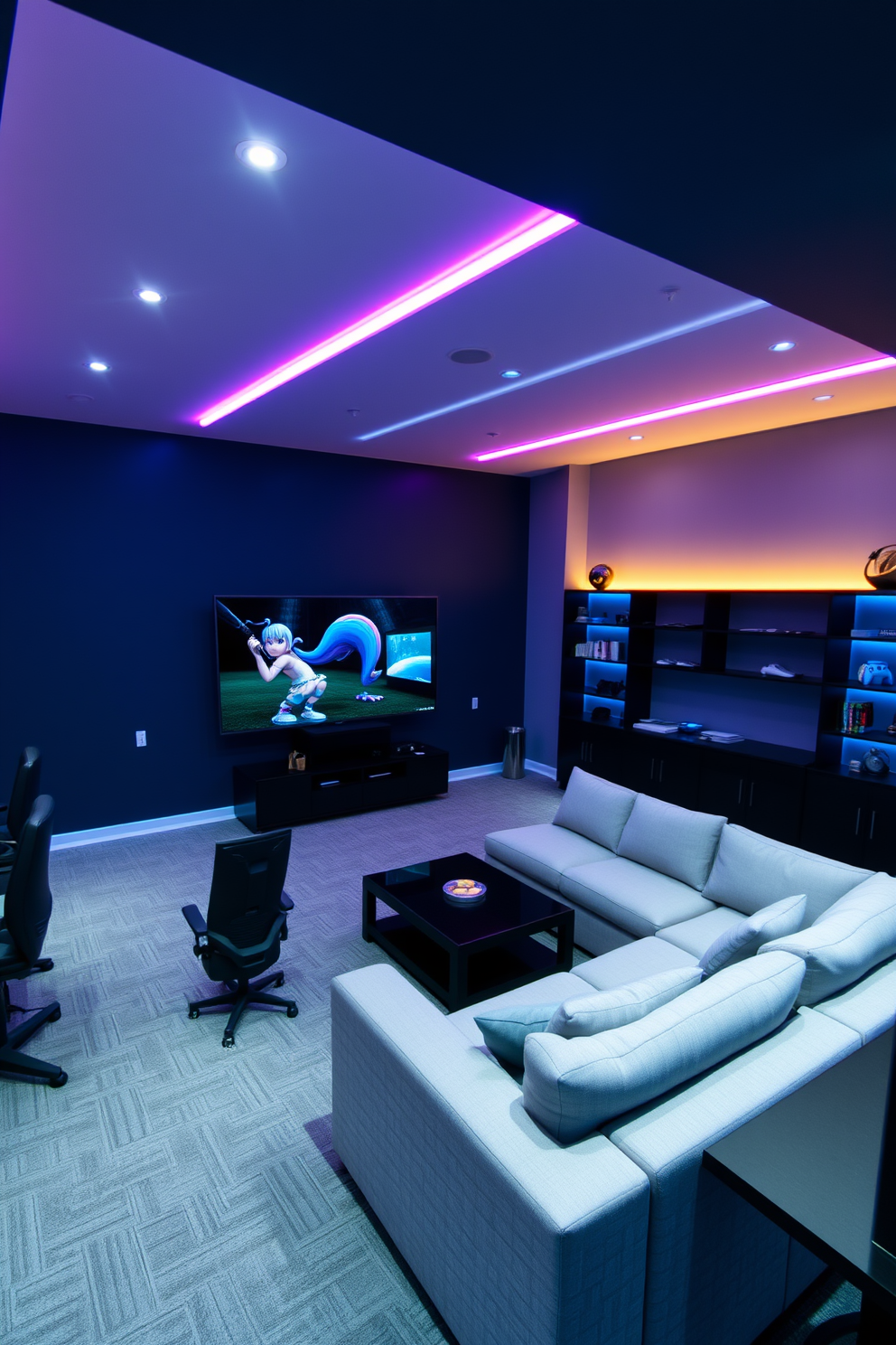 A modern game room featuring customizable LED lighting that creates an inviting ambiance. The walls are painted in a deep navy blue, and the ceiling is adorned with sleek recessed lights that can change colors to match the mood. In the center, a large sectional sofa in a light gray fabric provides ample seating for guests. Surrounding the room are gaming consoles and a large flat-screen TV mounted on the wall, complemented by stylish shelving to display collectibles.