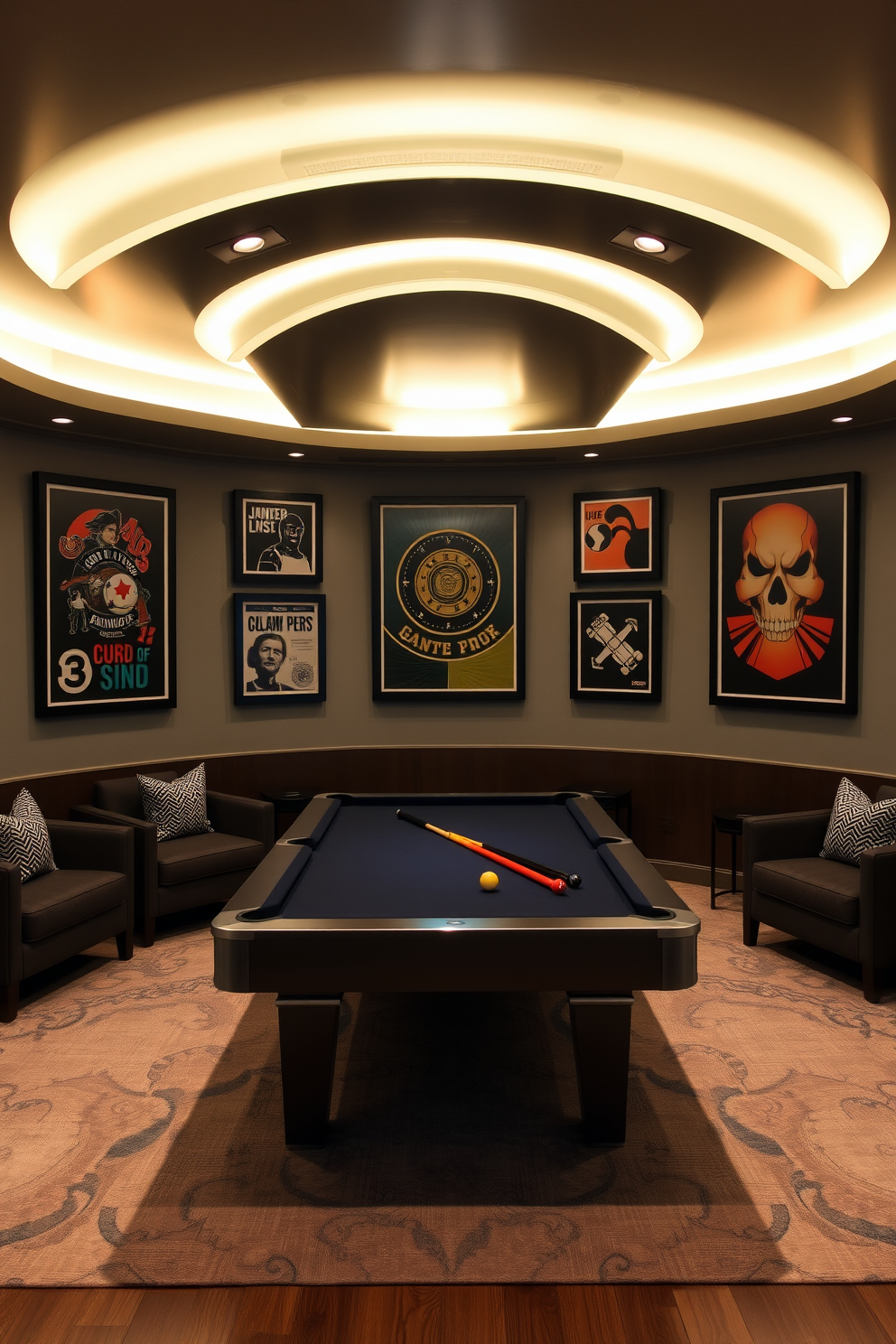 A modern game room featuring framed art prints with various game themes adorning the walls. The space includes a sleek pool table in the center, surrounded by comfortable seating and ambient lighting for a cozy atmosphere.