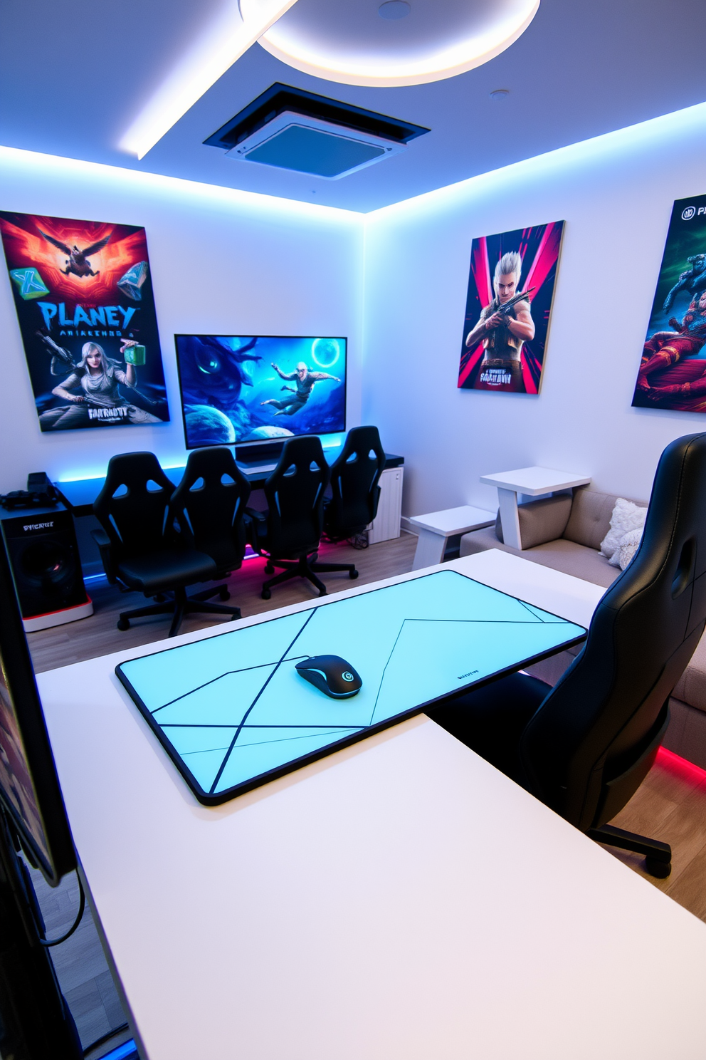 A sleek white gaming mouse pad features a minimalist geometric design that enhances the modern aesthetic of the space. The mouse pad is positioned on a stylish black gaming desk surrounded by ergonomic chairs and ambient LED lighting. The game room is designed with a clean white color palette accented by vibrant gaming posters on the walls. Plush seating and a large screen create an inviting atmosphere for both gaming and relaxation.