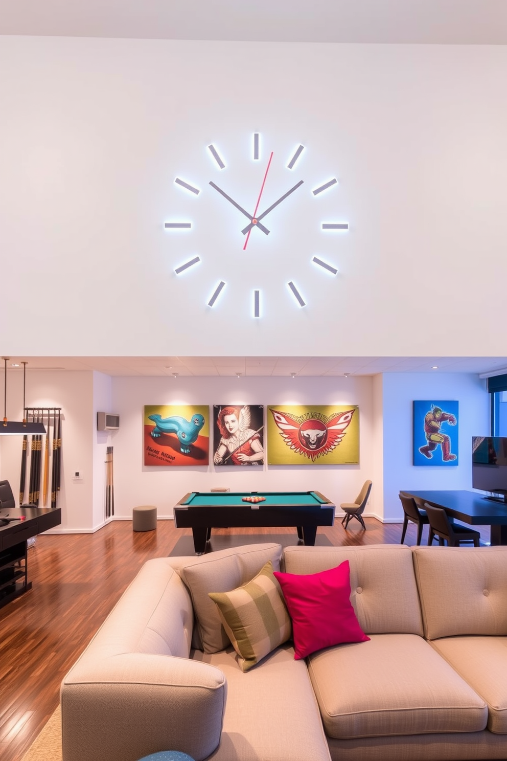 A sleek white wall clock with a modern design features clean lines and a minimalist aesthetic. It is mounted on a bright white wall, complementing the contemporary decor of the room. The game room is designed with a playful yet sophisticated atmosphere. It includes a large sectional sofa, a pool table, and vibrant wall art that reflects a fun and inviting space for entertainment.