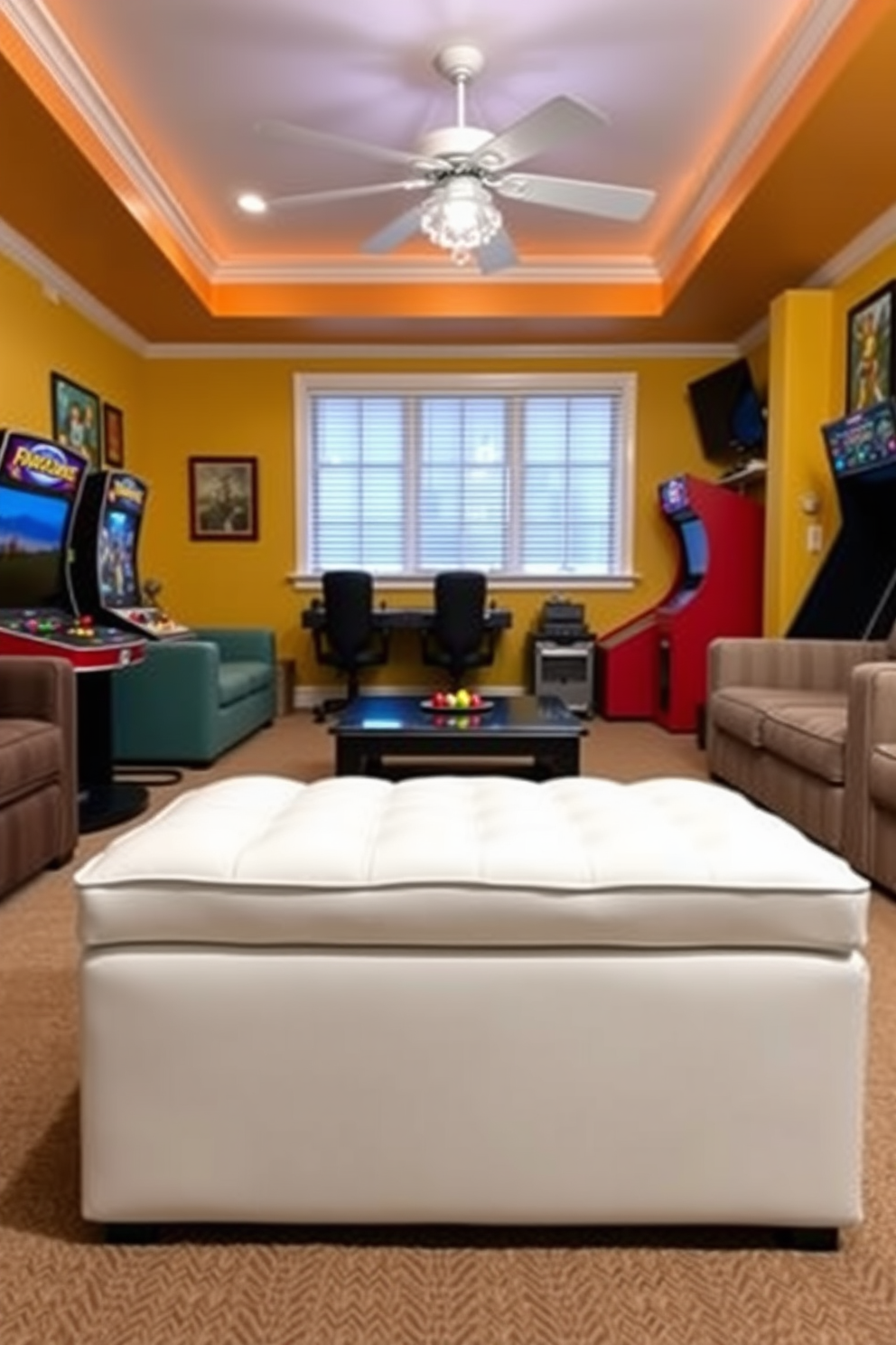 A sleek and modern game room featuring a white gaming mat that enhances the clean aesthetic of the space. The walls are painted in a crisp white, and the furniture includes a minimalistic black gaming chair and a stylish white desk with built-in LED lighting. The room is illuminated with soft, ambient lighting, creating a cozy atmosphere for gaming sessions. Decorative elements include framed art prints of popular video games and a plush area rug that complements the overall design.