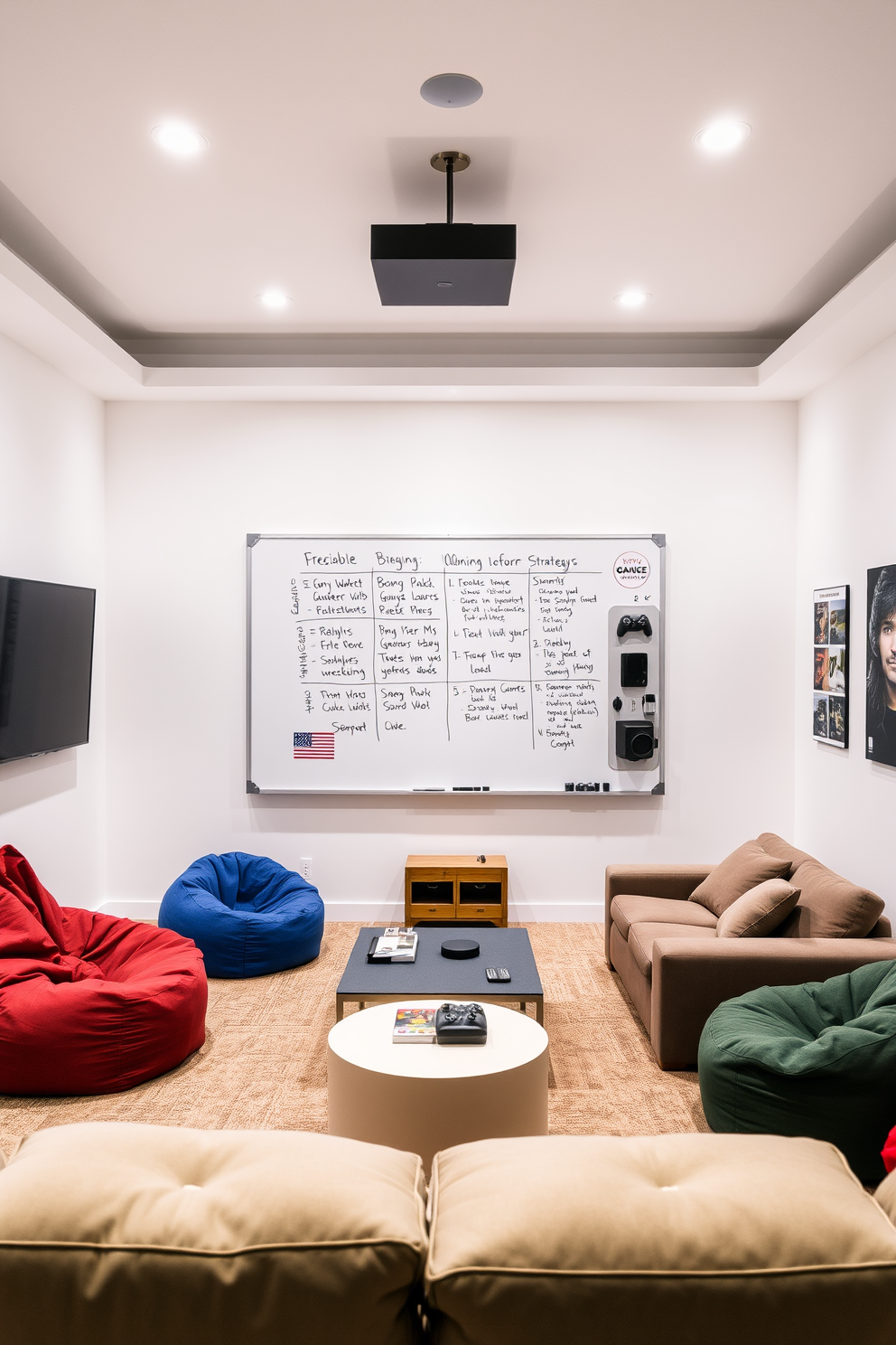 A spacious game room featuring a large whiteboard mounted on the wall for brainstorming and planning game strategies. The room is filled with comfortable seating options, including a plush sectional sofa and bean bags, all arranged around a stylish coffee table. The walls are painted in a crisp white color, enhancing the bright and airy feel of the space. Accent lighting illuminates the room, creating an inviting atmosphere for both gaming and socializing.