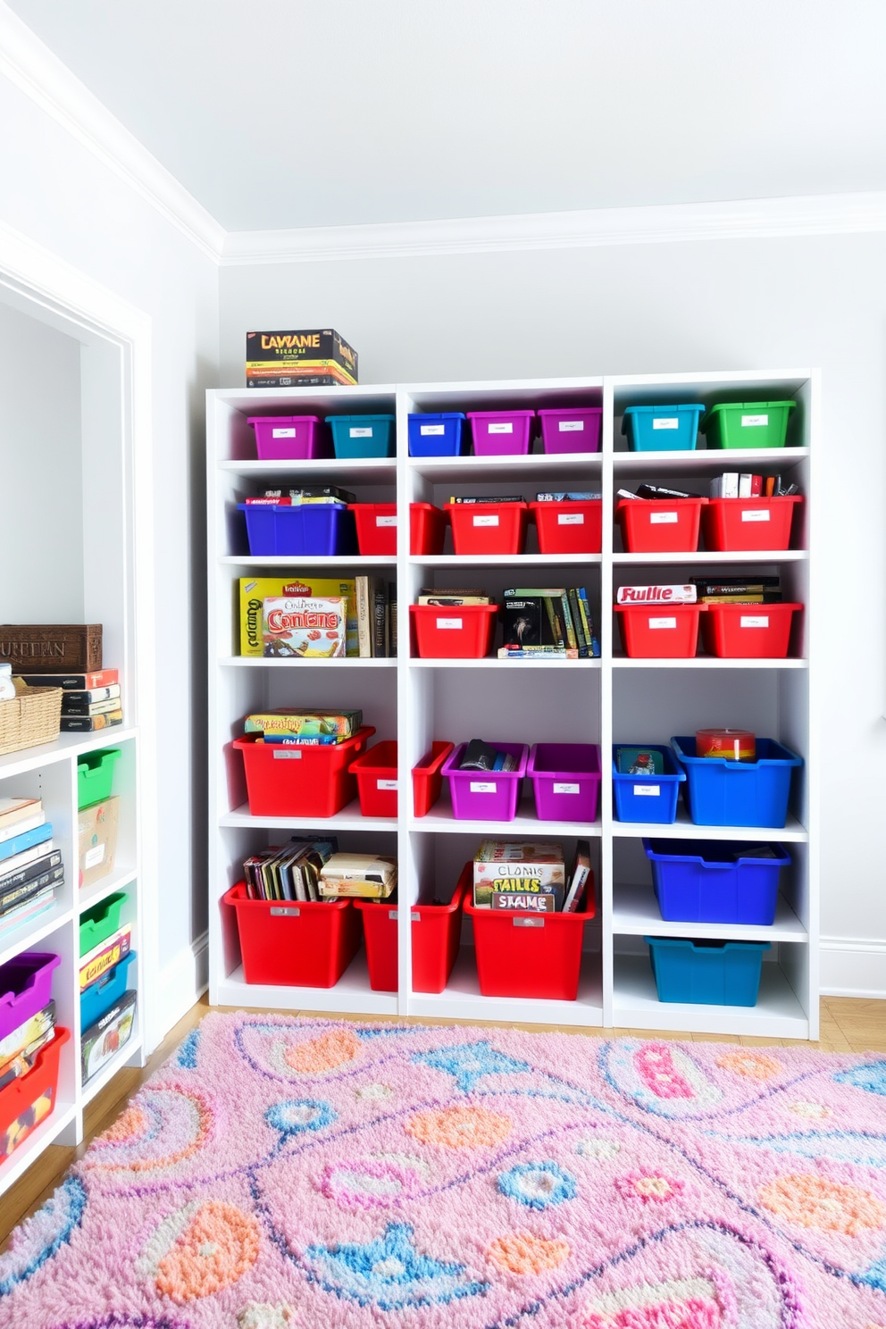 A bright and airy game room features a white shelving unit filled with colorful bins organized by game type. The walls are painted in a soft gray, and a plush area rug in vibrant hues adds warmth and comfort to the space.