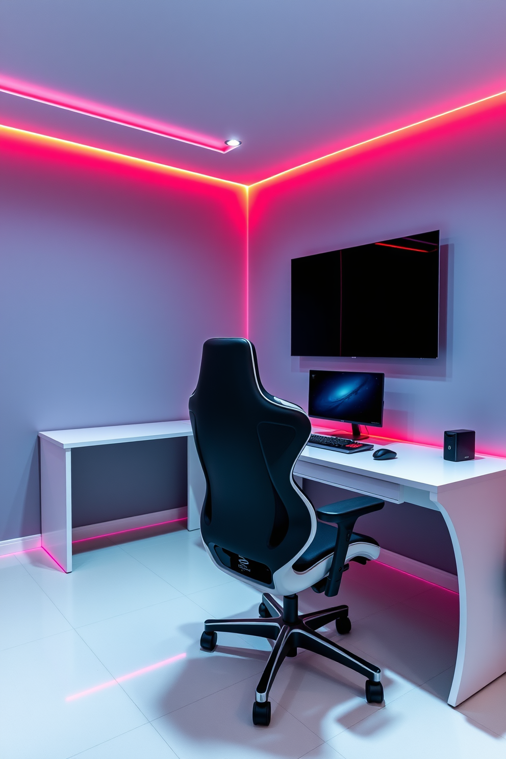 A sleek white gaming desk is positioned in the center of the room, illuminated by colorful LED lights that create an energetic atmosphere. The walls are adorned with posters of popular video games, and a comfortable gaming chair complements the modern aesthetic. The flooring features a dark carpet that contrasts beautifully with the white furniture, providing a cozy feel. Ambient lighting fixtures are strategically placed to enhance the overall design, making it an inviting space for gaming enthusiasts.