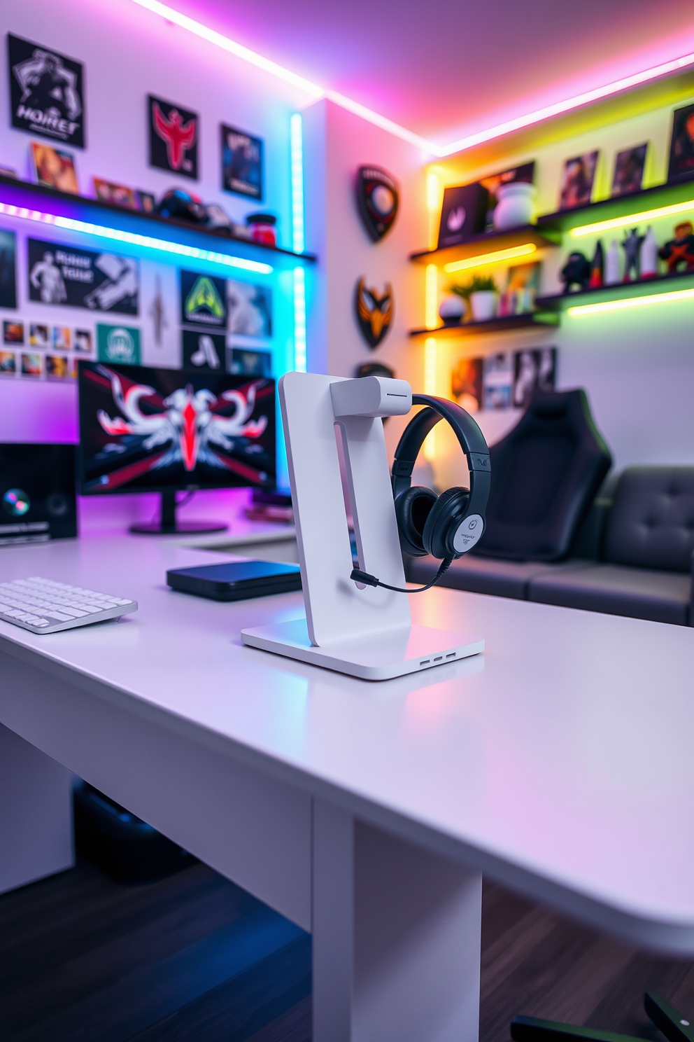 A sleek white gaming headset stand sits on a minimalist desk, designed for optimal organization and accessibility. The stand features a modern aesthetic with clean lines, complementing the overall decor of the game room. The game room is styled with vibrant LED lighting that enhances the immersive experience, while plush seating provides comfort during long gaming sessions. Wall-mounted shelves display an array of gaming memorabilia, creating a personalized and dynamic atmosphere.