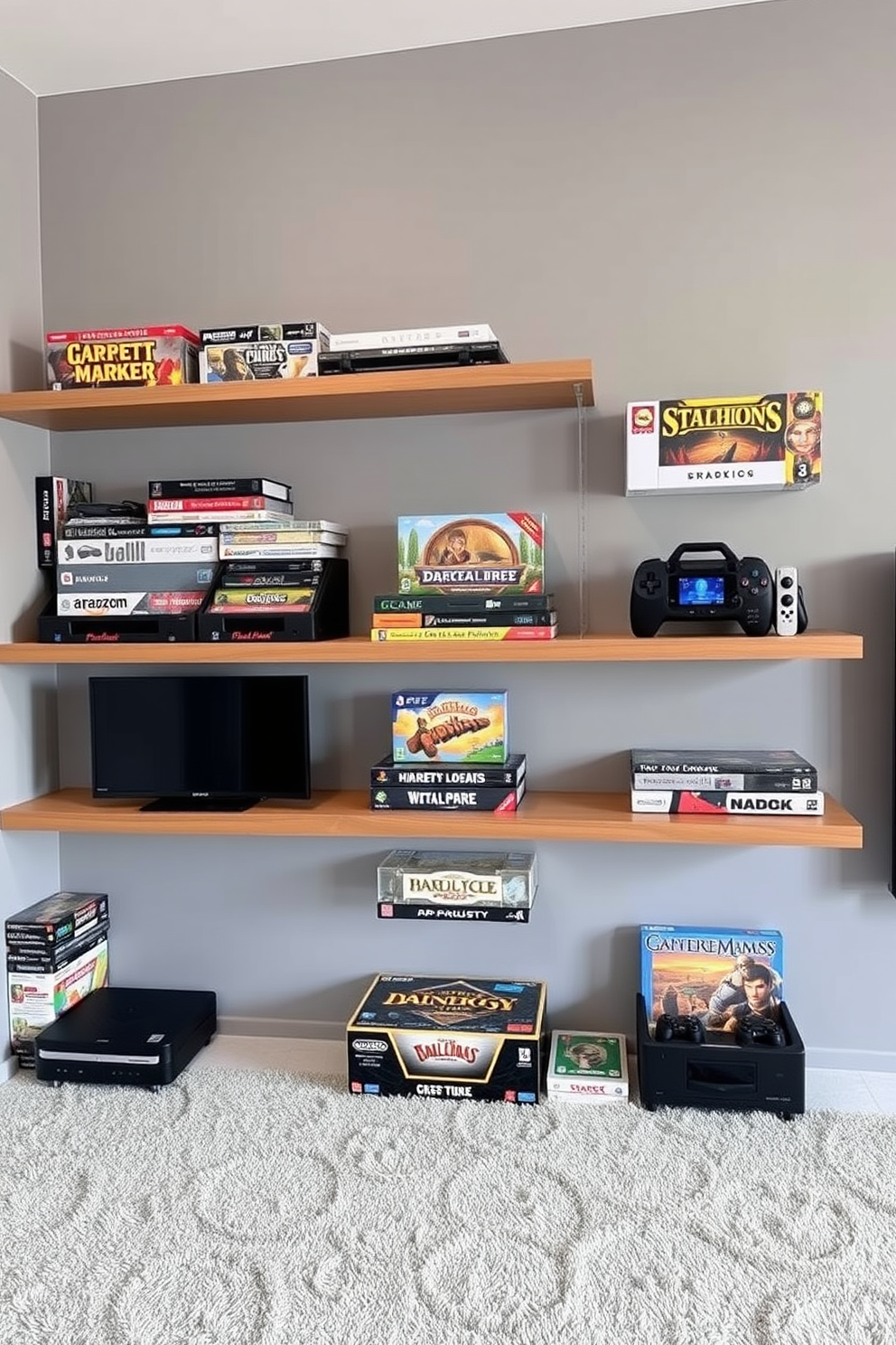 A modern game room featuring sleek floating shelves designed for game storage. The walls are painted in a soft gray hue, and the shelves are adorned with neatly organized board games and gaming consoles.