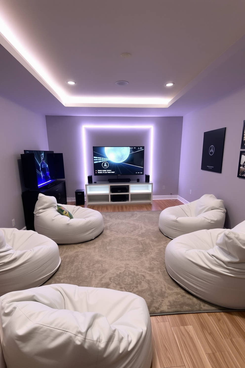 A cozy game room featuring white bean bags for casual seating. The walls are painted in a soft gray, and a large area rug with geometric patterns covers the floor. In one corner, a sleek gaming console is set up with a large flat-screen TV mounted above it. Bright LED strip lights illuminate the space, creating an inviting atmosphere for friends and family.