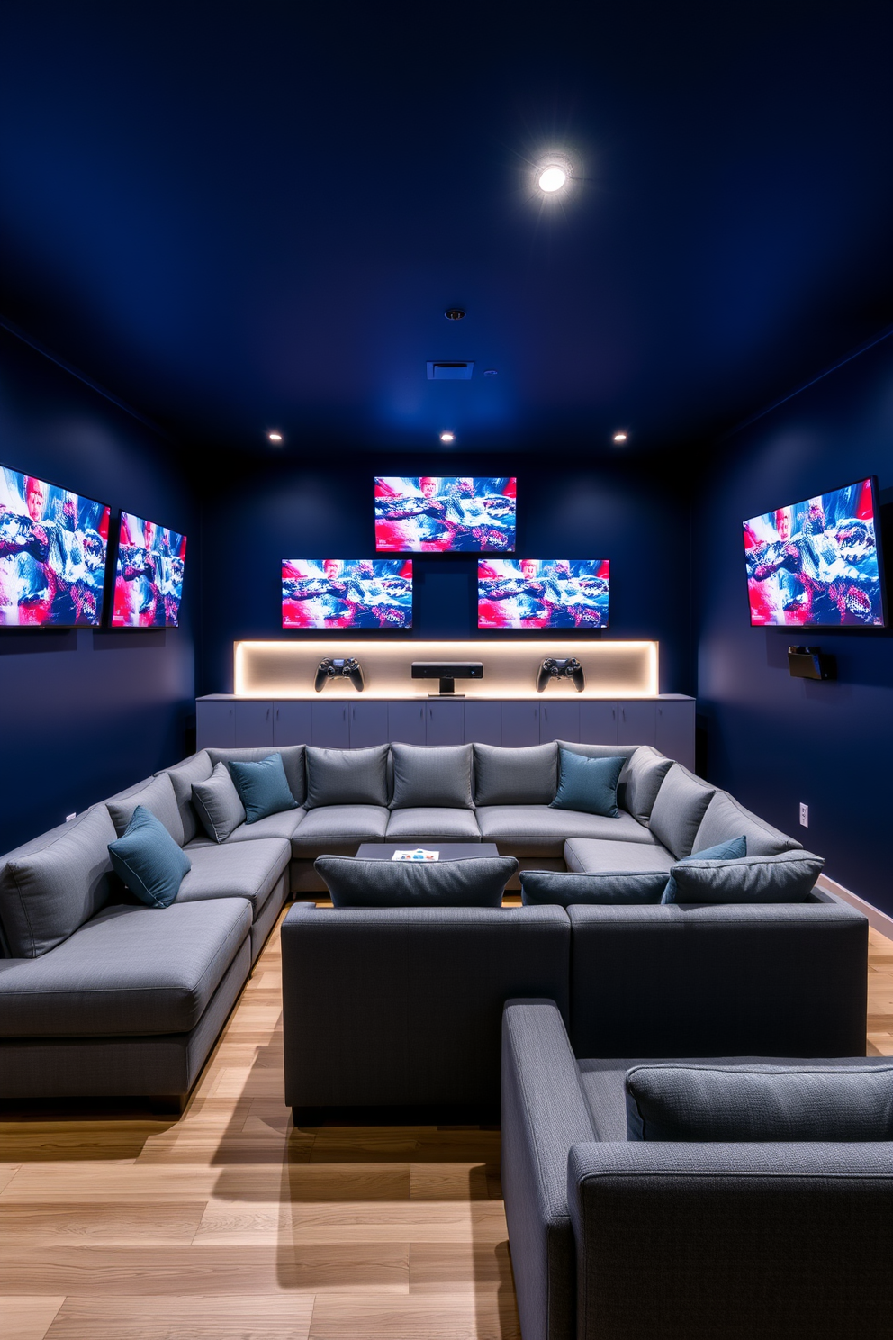 A modern game room featuring wall-mounted monitors for a sleek and streamlined aesthetic. The walls are painted in a deep navy blue, contrasting with the light wooden flooring and creating a cozy yet vibrant atmosphere. In the center, a large sectional sofa in a soft gray fabric invites relaxation, while a stylish coffee table adds functionality. Accent lighting illuminates the space, enhancing the gaming experience and creating an inviting ambiance.