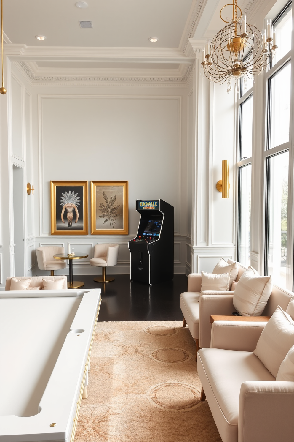 A stylish game room featuring white walls adorned with gold decor accents. The space includes a sleek white pool table with gold detailing and plush seating in coordinating colors. In one corner, a modern arcade machine stands against a backdrop of framed art with gold frames. Large windows allow natural light to flood the room, enhancing the elegant ambiance.