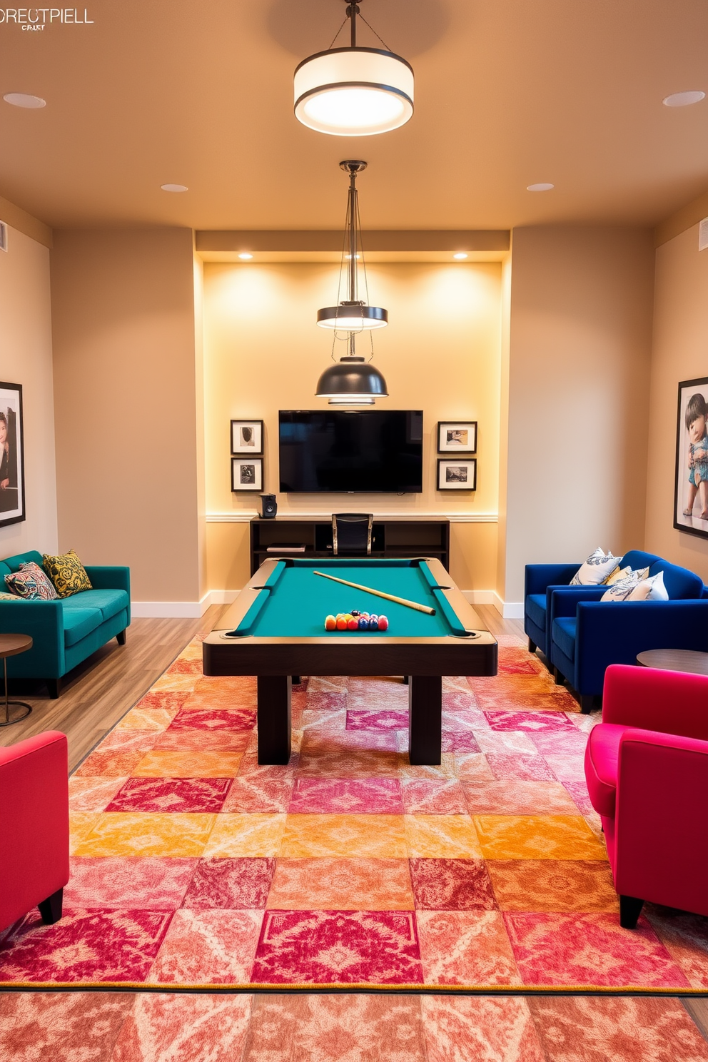 Bright area rug to add warmth. The game room features a sleek pool table in the center, surrounded by comfortable seating options in vibrant colors. The walls are adorned with framed artwork that reflects a playful spirit. Soft lighting fixtures hang from the ceiling, creating an inviting atmosphere perfect for entertainment.