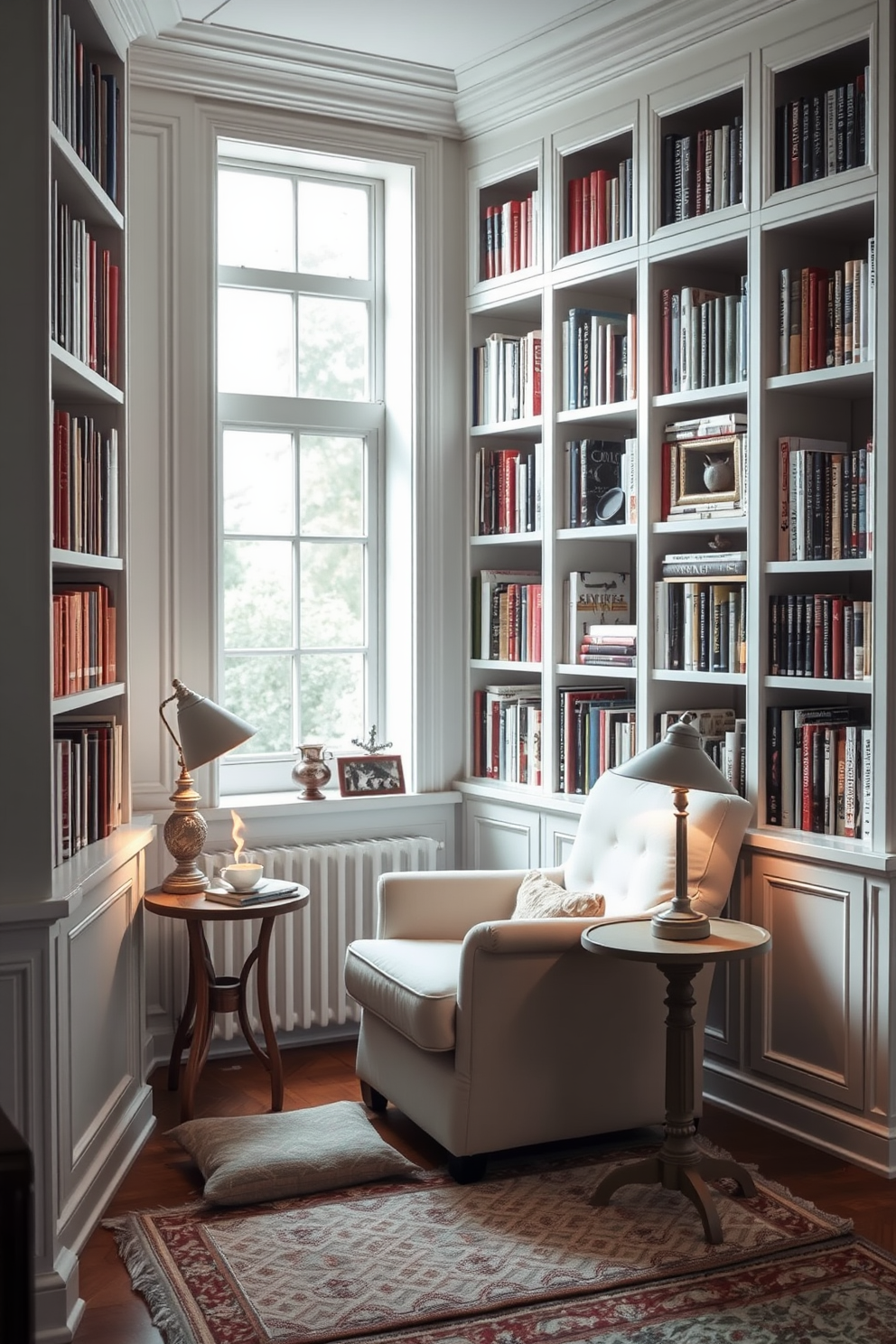 A cozy reading nook features a plush white armchair nestled in a corner, surrounded by tall bookshelves filled with an array of books. Soft natural light filters through a nearby window, illuminating a small side table that holds a steaming cup of tea and a decorative lamp. The white home library design showcases elegant built-in shelves that stretch from floor to ceiling, adorned with books and personal mementos. A comfortable area rug lies beneath the armchair, inviting readers to lose themselves in their favorite stories.