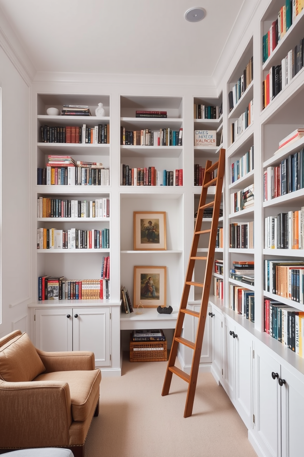 A serene home library featuring built-in bookshelves that stretch from floor to ceiling. A stylish wooden ladder leans against the shelves, providing easy access to the upper levels filled with a curated collection of books. The walls are painted in a soft white hue, creating a bright and airy atmosphere. Plush seating options, like a cozy armchair and a small reading nook, invite relaxation and contemplation.