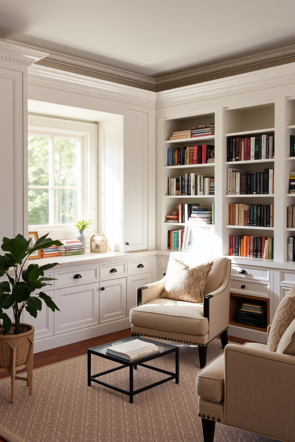 A stylish area rug anchors the space, featuring a geometric pattern in soft neutral tones that complements the surrounding decor. The rug adds warmth and texture, creating a cozy atmosphere in the room. The white home library design showcases built-in shelves filled with books, accented by elegant lighting fixtures. A comfortable reading chair sits nearby, inviting relaxation and contemplation in this serene environment.