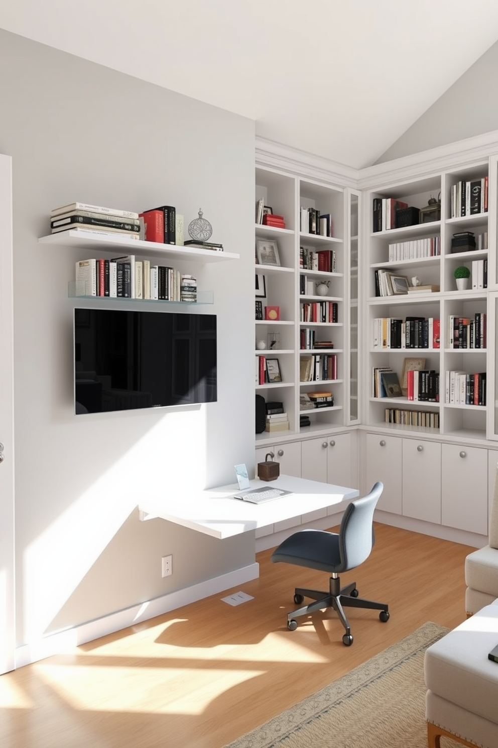 A sleek wall-mounted desk is positioned against a light gray wall, maximizing floor space while providing a functional workspace. Above the desk, floating shelves display an array of books and decorative items, enhancing the room's aesthetic. The home library features white cabinetry with built-in bookshelves that reach the ceiling, creating a bright and airy atmosphere. Large windows allow natural light to flood the space, making it an inviting area for reading and relaxation.