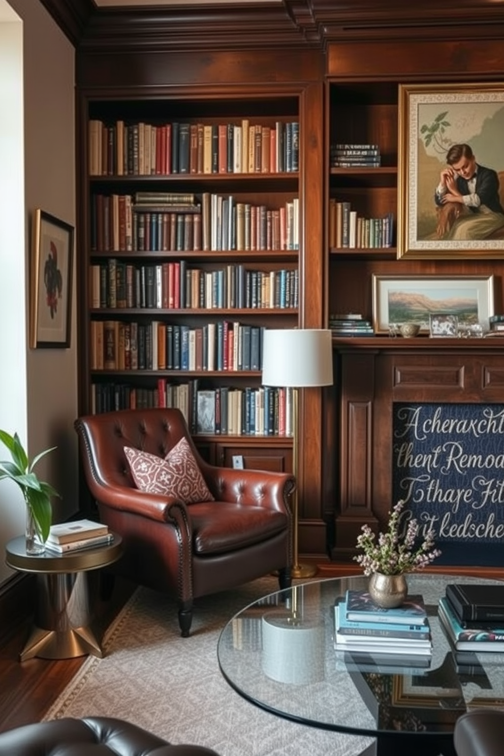 A cozy home library that blends vintage and modern decor elements. The room features a rich mahogany bookshelf filled with classic novels and contemporary art pieces displayed on the walls. A plush leather armchair sits in the corner next to a sleek glass coffee table. Soft, ambient lighting illuminates the space, creating an inviting atmosphere for reading and relaxation.