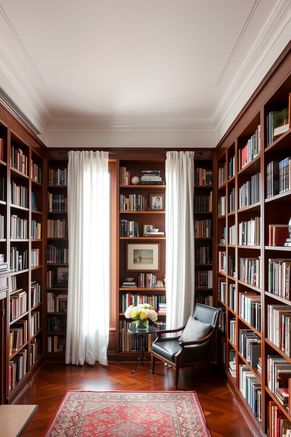 A cozy home library featuring soft white curtains that gently filter natural light. The room is filled with floor-to-ceiling bookshelves crafted from rich mahogany, showcasing a curated collection of books and decorative items.