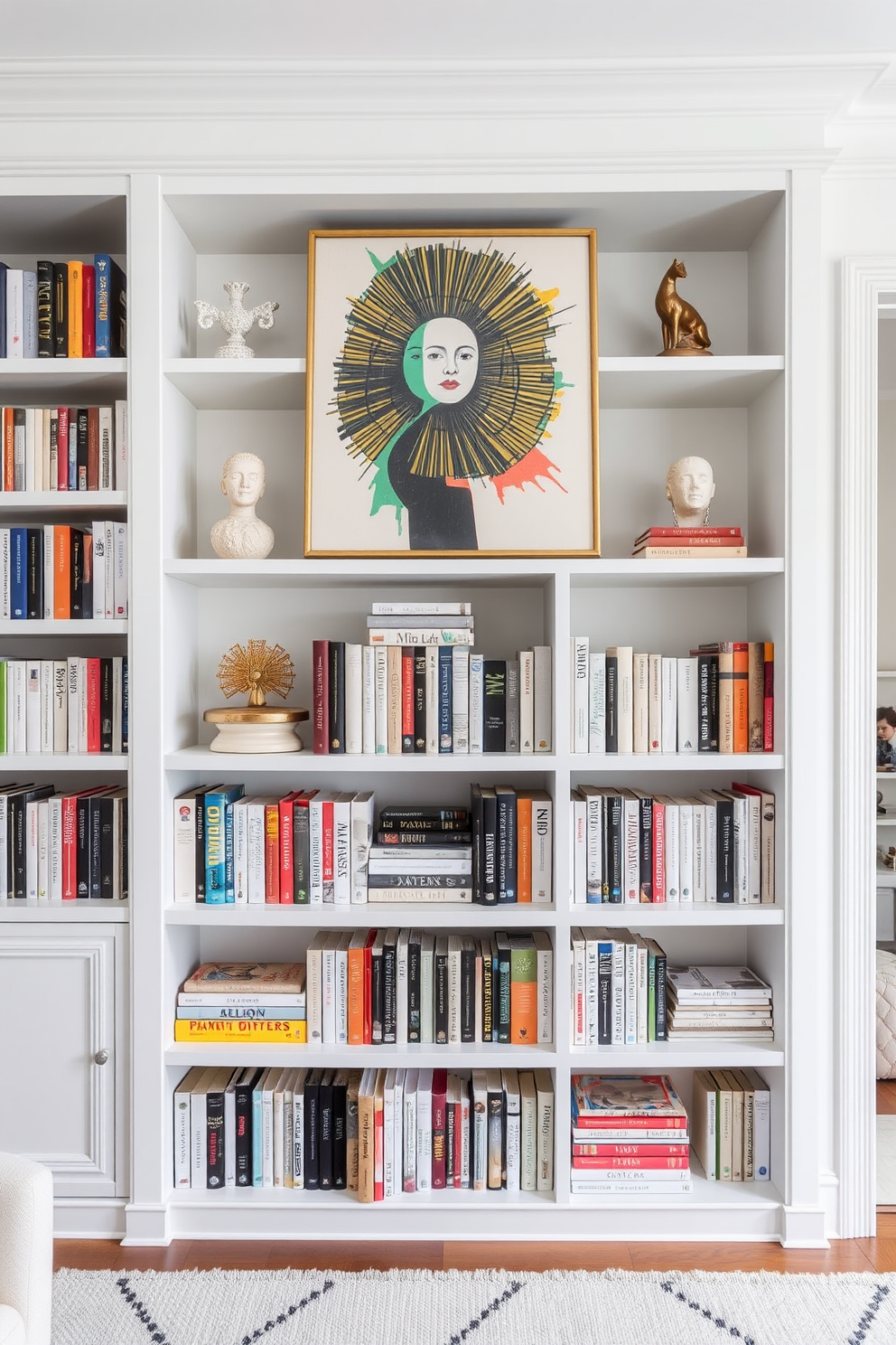 A serene white home library features a large bookshelf filled with an array of books and decorative items. Above the bookshelf, a statement artwork adds a pop of color and personality to the space, drawing the eye and creating a focal point.