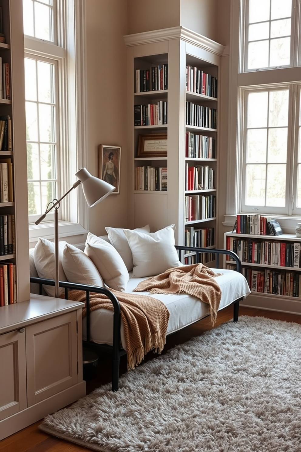 A refined home library featuring white trim and molding for an elegant touch. The room is filled with tall bookshelves that reach the ceiling, showcasing a collection of books and decorative items. A comfortable reading nook is situated by a large window, adorned with plush cushions and a soft throw blanket. The walls are painted in a warm, inviting color, enhancing the cozy atmosphere of the space.