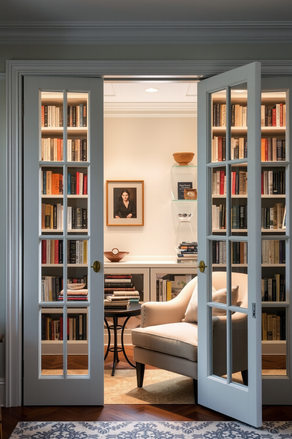 A serene home library featuring glass doors that elegantly separate the reading area from the rest of the home. The shelves are lined with a diverse collection of books, while a plush armchair and a small side table create a cozy reading nook.