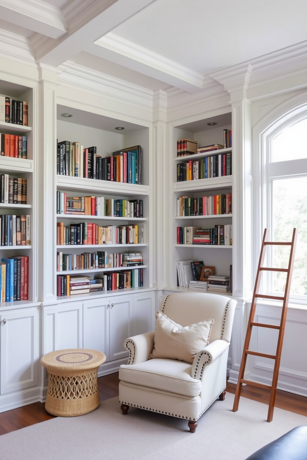 A cozy home library featuring white crown molding that adds architectural interest to the space. The room is filled with floor-to-ceiling bookshelves, a plush reading chair, and a stylish ladder for easy access to the upper shelves.