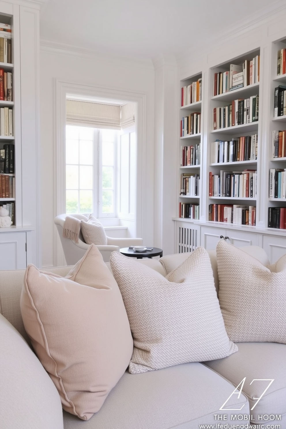 A functional workspace features dual monitors positioned on a sleek black desk. The walls are lined with floor-to-ceiling white bookshelves filled with an array of books and decorative items. Natural light floods the room through large windows adorned with sheer white curtains. A cozy reading nook with a plush armchair and a small side table is nestled in one corner, inviting relaxation.