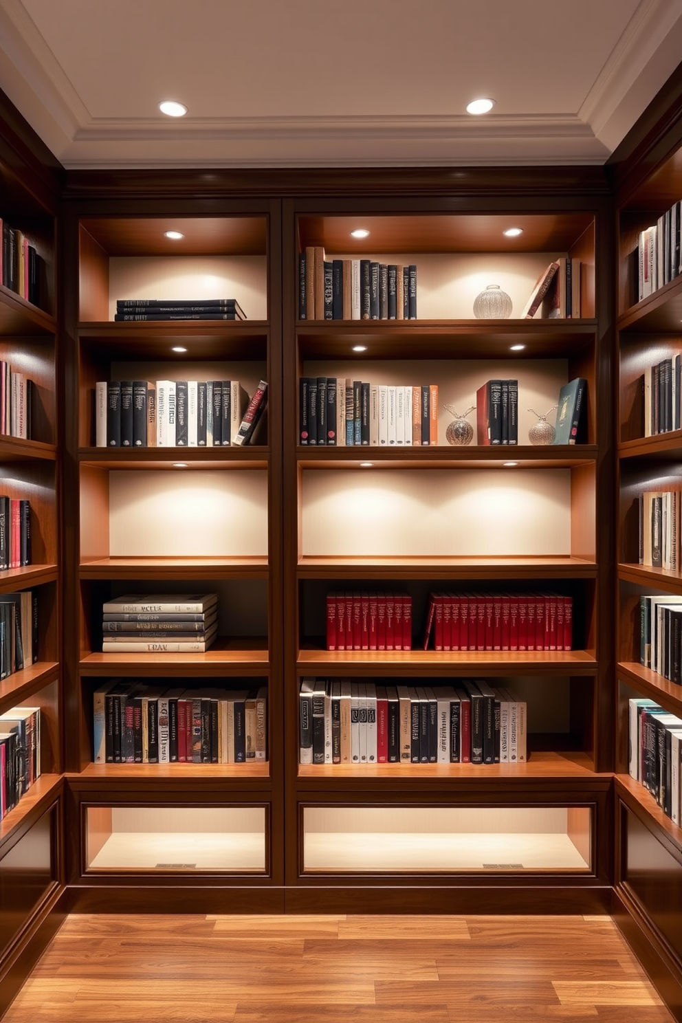 A serene home library featuring elegant bookshelves with integrated lighting that highlights the collection of books. The shelves are made of rich wood, and the soft glow of the lights creates a warm and inviting atmosphere.