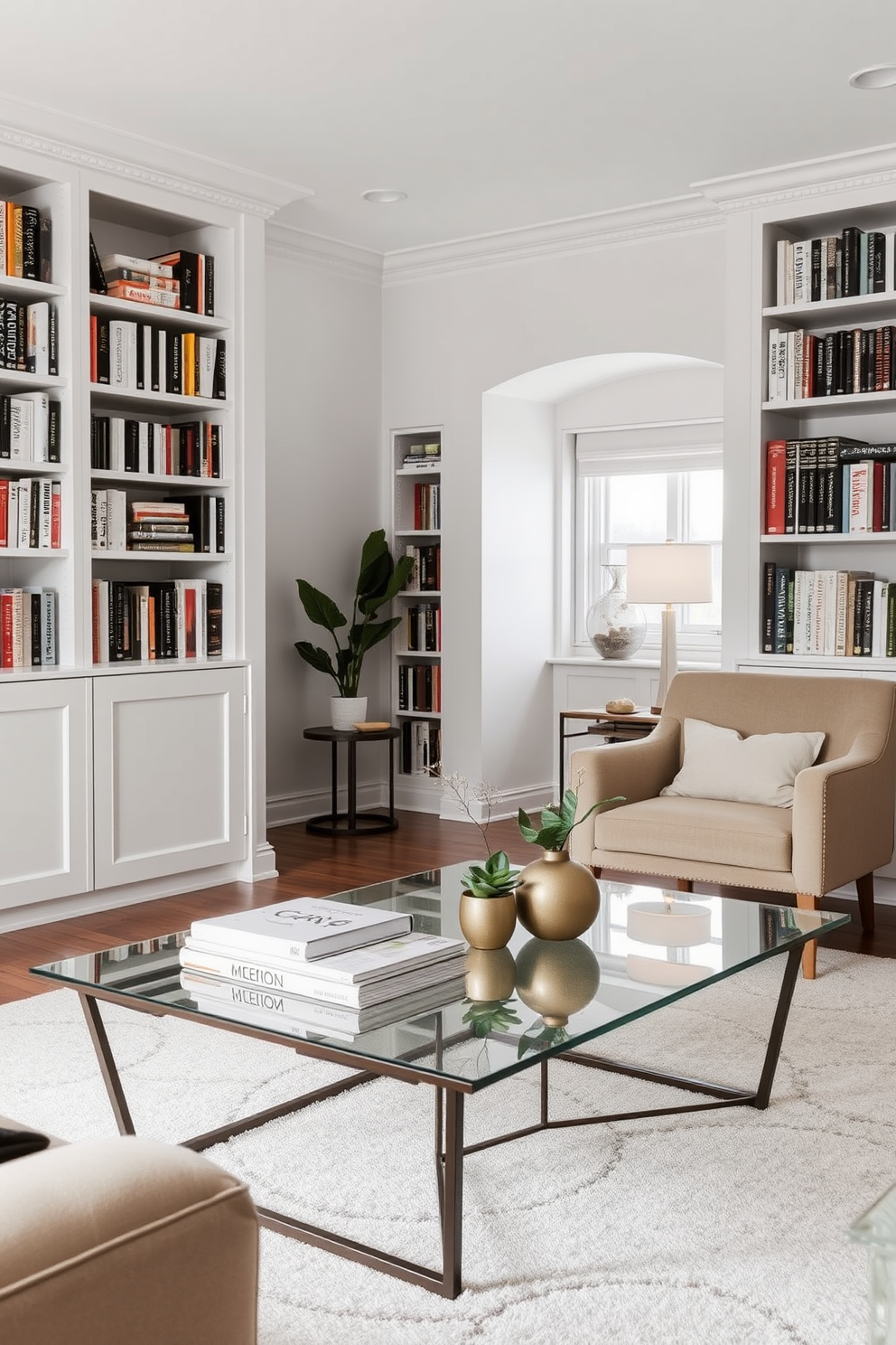 A serene home library filled with lush green plants that bring a touch of nature indoors. The walls are lined with floor-to-ceiling bookshelves made of rich dark wood, and a cozy reading nook features a plush armchair surrounded by potted ferns and succulents. The space is illuminated by soft, warm lighting that enhances the inviting atmosphere. A large window allows natural light to filter in, highlighting the beauty of the greenery and creating a tranquil retreat for reading and relaxation.