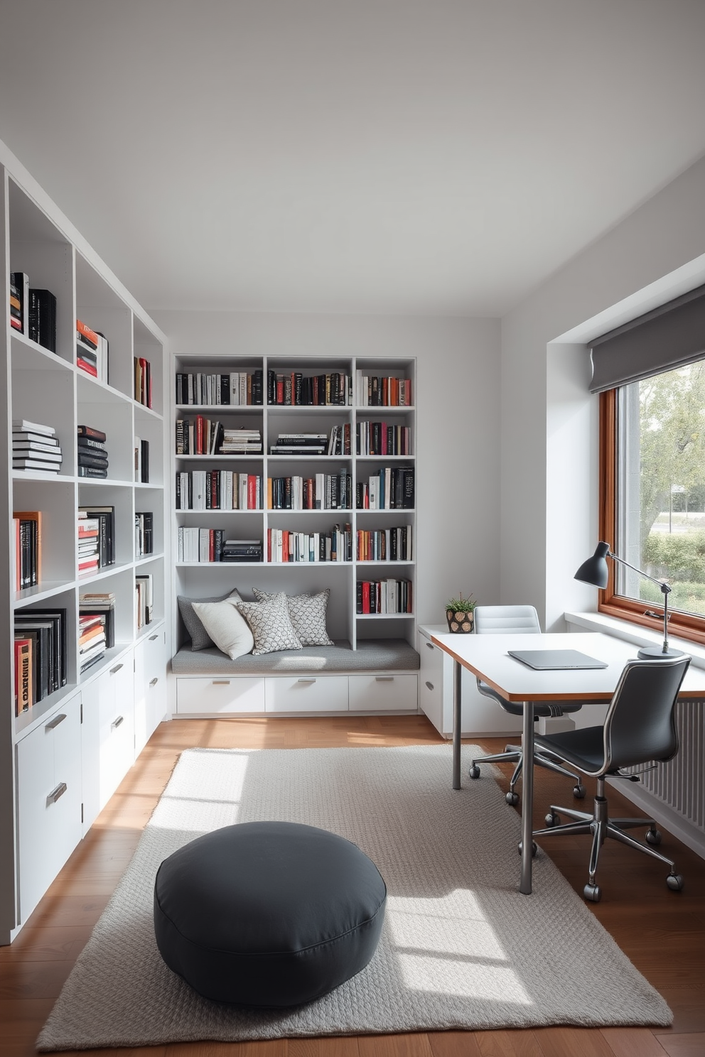 A multi-purpose space that seamlessly blends work and leisure. The room features a sleek white bookshelf filled with books, with a comfortable reading nook in the corner adorned with plush cushions. A modern desk is positioned near a large window, providing natural light for productivity. The floor is covered with a soft area rug, and the walls are painted in a calming light hue to create an inviting atmosphere.