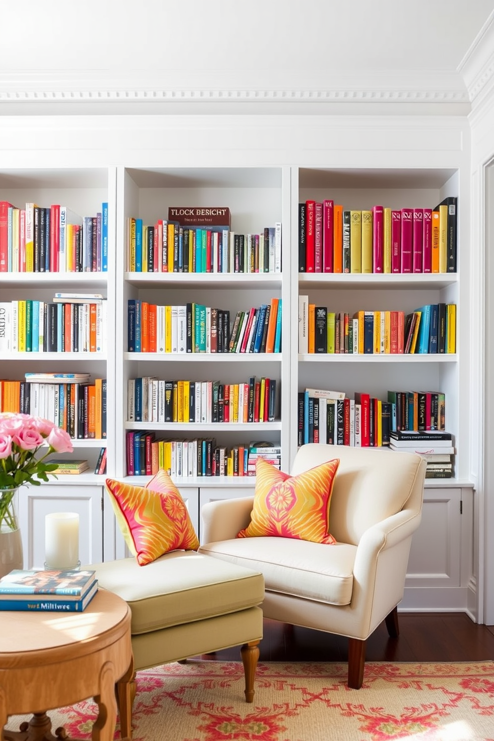 Bright accent colors create a lively atmosphere in a white home library. The shelves are filled with colorful books, and a vibrant armchair adds a pop of color against the white walls.