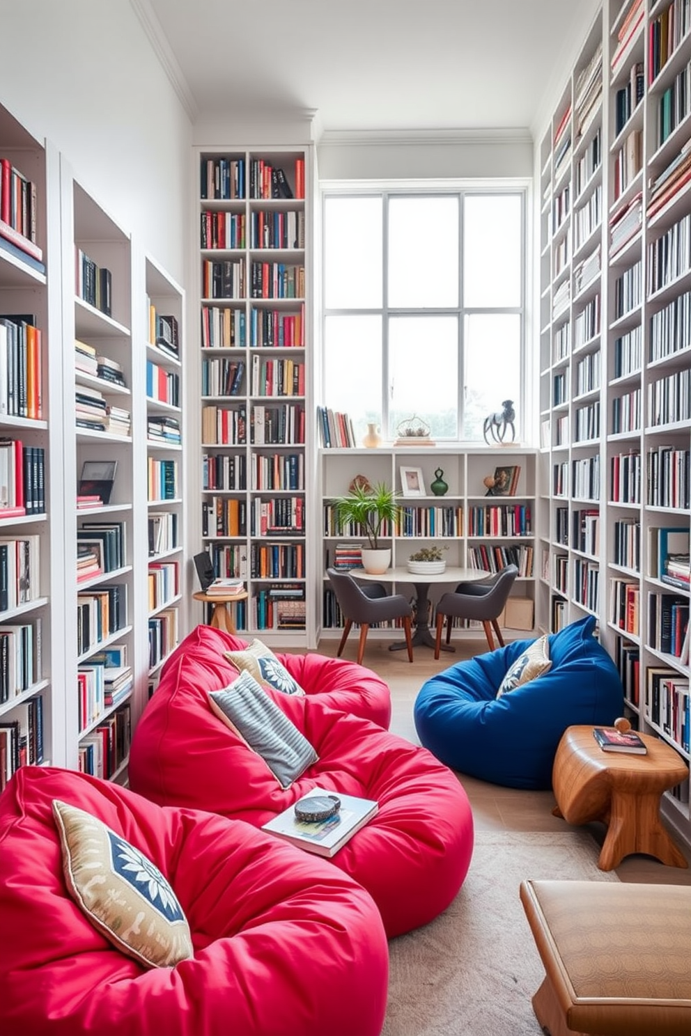 Create a cozy reading corner featuring oversized bean bags in vibrant colors. Surround the space with tall bookshelves filled with an eclectic mix of books and decorative items. Design a bright and airy home library with white walls and sleek, minimalist furniture. Include large windows that allow natural light to flood the room, enhancing the tranquil atmosphere.