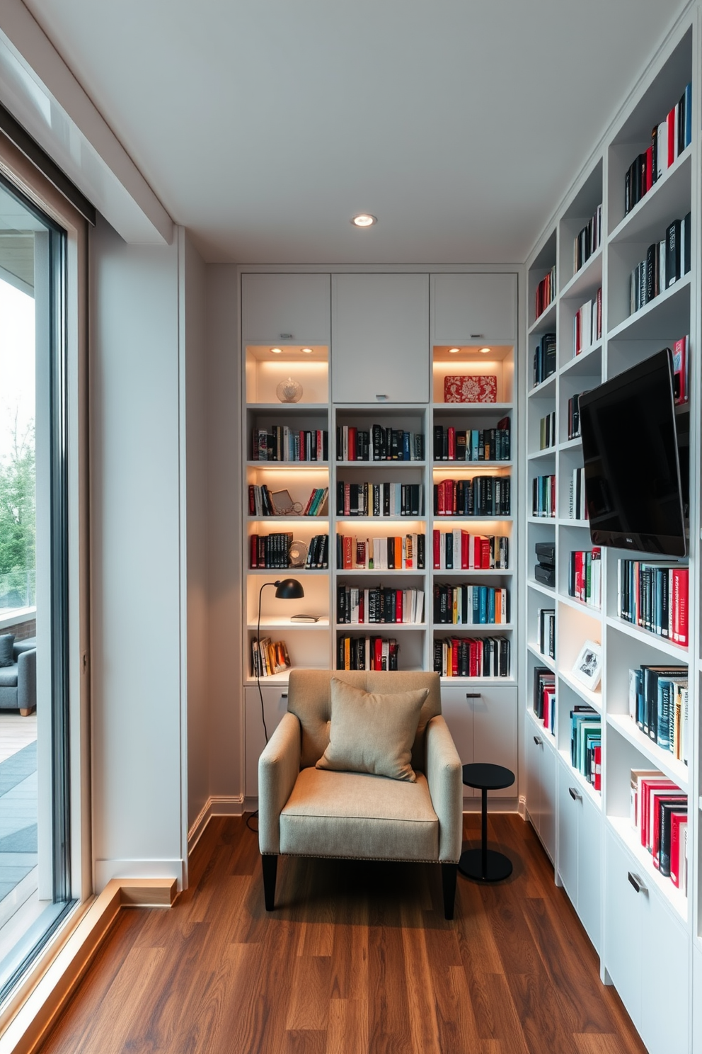 A sleek and modern home library featuring integrated technology for convenience. The walls are lined with custom-built white bookshelves, seamlessly incorporating hidden lighting and charging stations for devices. A comfortable reading nook is positioned by a large window, with a plush armchair and a small side table. Smart glass panels can be adjusted for privacy, allowing natural light to fill the space while maintaining a serene atmosphere.