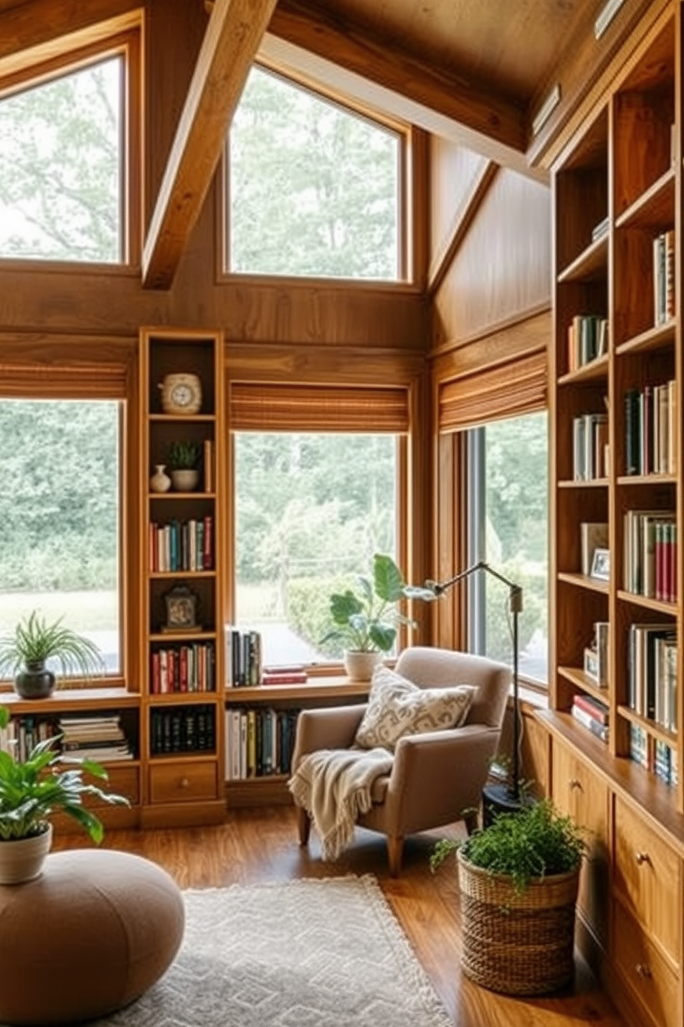 A serene home library featuring natural wood accents that create a warm and inviting atmosphere. The bookshelves are crafted from rich oak, displaying a curated selection of books alongside decorative objects and plants. A cozy reading nook is nestled in the corner, adorned with a plush armchair and a soft throw blanket. Large windows allow natural light to flood the space, highlighting the earthy tones of the wooden furniture.