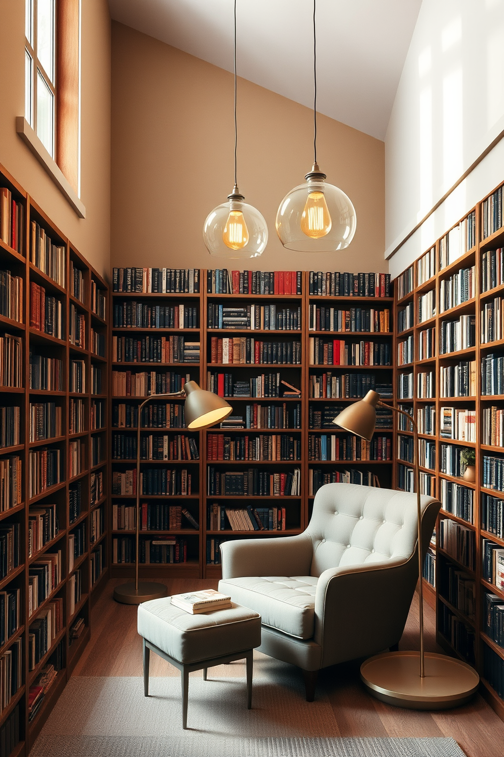 A comfortable ottoman sits in the center of a cozy home library, providing extra seating for guests. Surrounding the ottoman are floor-to-ceiling bookshelves filled with an array of books, complemented by warm lighting from stylish sconces. The library features a soft area rug that adds texture and warmth to the space. Large windows allow natural light to flood in, highlighting the inviting atmosphere and the elegant white color scheme of the room.