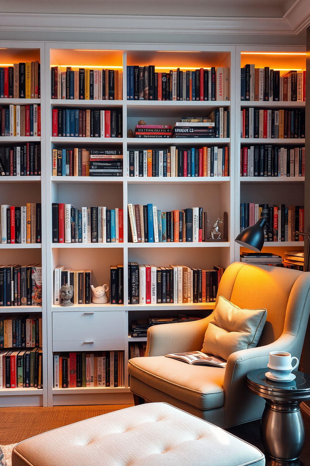 A stylish ladder rests against a wall of high shelves filled with an array of books and decorative items. The library features a cozy reading nook with plush seating and warm lighting, creating an inviting atmosphere for book lovers.