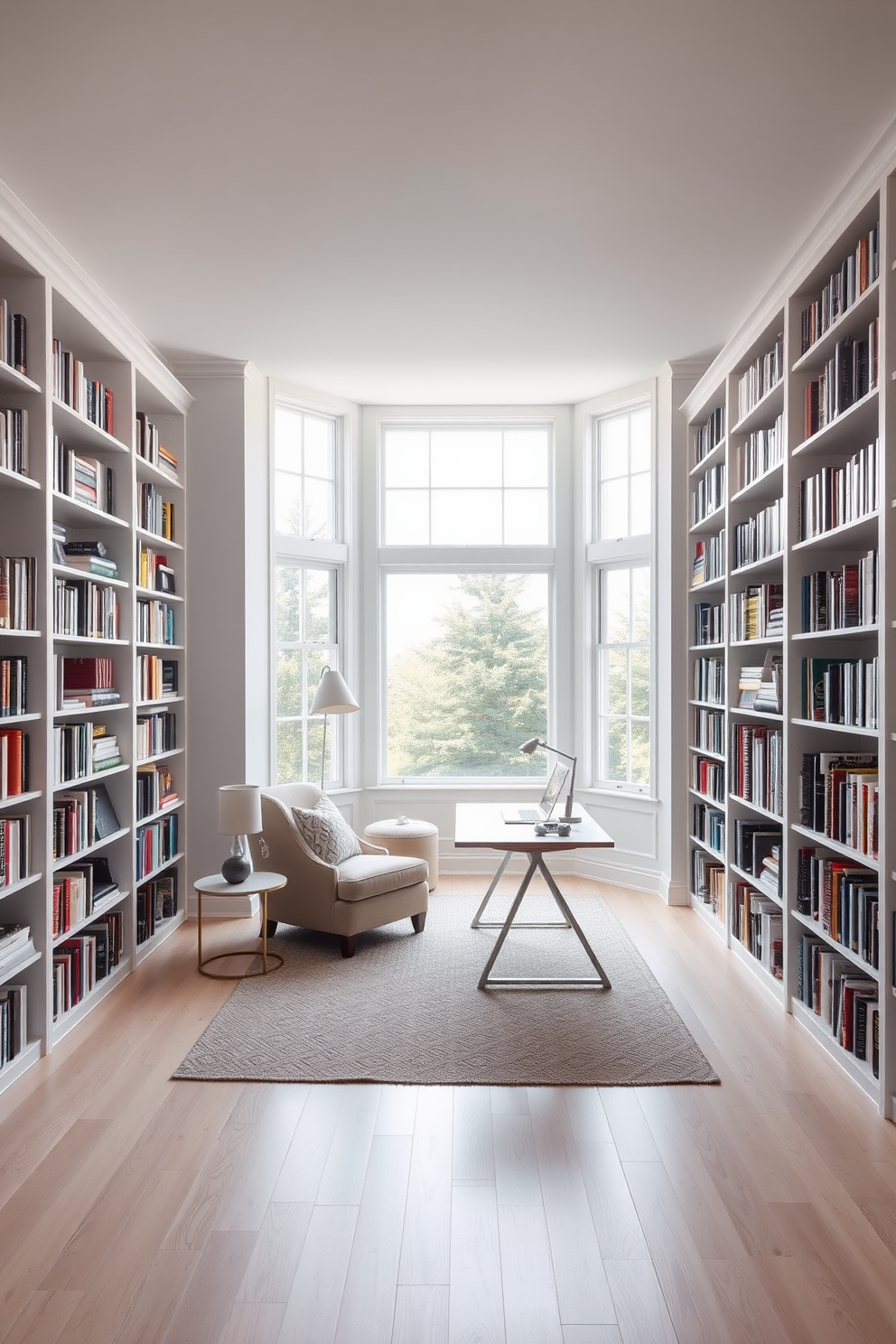 A bright and airy home library with an open floor plan that emphasizes spaciousness. The room features floor-to-ceiling bookshelves filled with an array of books and a cozy reading nook with a plush armchair. Large windows allow natural light to flood the space, highlighting the white walls and light hardwood flooring. A sleek, modern desk sits in one corner, complemented by stylish decor and a soft area rug beneath it.