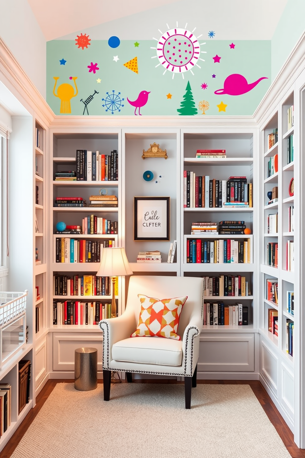 Artistic sculptures for visual interest. In the center of the room, a large abstract sculpture made of polished metal serves as a focal point, surrounded by smaller ceramic pieces on pedestals. White Home Library Design Ideas. The library features floor-to-ceiling white bookshelves filled with books, complemented by a plush white sofa and a sleek glass coffee table in the center.