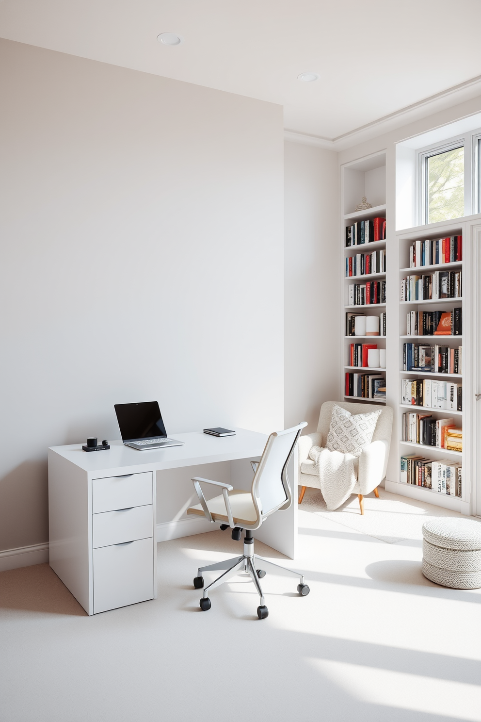 A minimalist desk with a sleek white finish is positioned against a light gray wall. The desk features clean lines and a simple design, complemented by a comfortable ergonomic chair in a matching color. The home library design embraces a bright and airy atmosphere with floor-to-ceiling white bookshelves. A cozy reading nook with a plush armchair and soft throw blankets invites relaxation, while large windows allow natural light to flood the space.