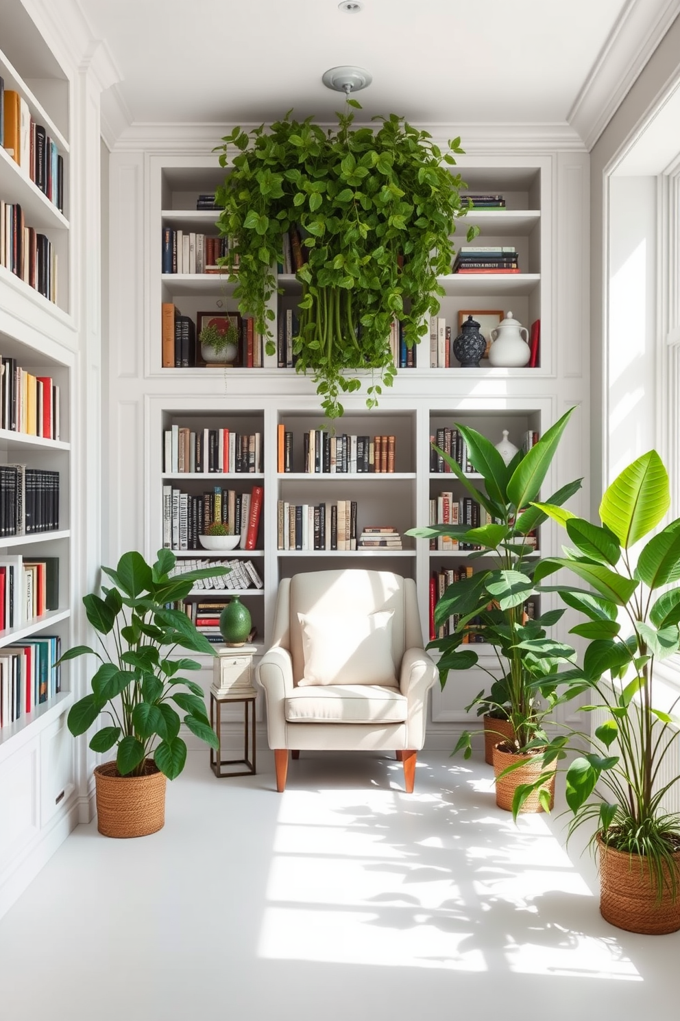 A tranquil home library filled with natural light. The walls are painted in a soft white hue, and built-in shelves are lined with books and decorative objects. In the center of the room, a comfortable reading chair is placed next to a small side table. Lush green plants are strategically positioned throughout the space to enhance air quality and add a touch of nature.