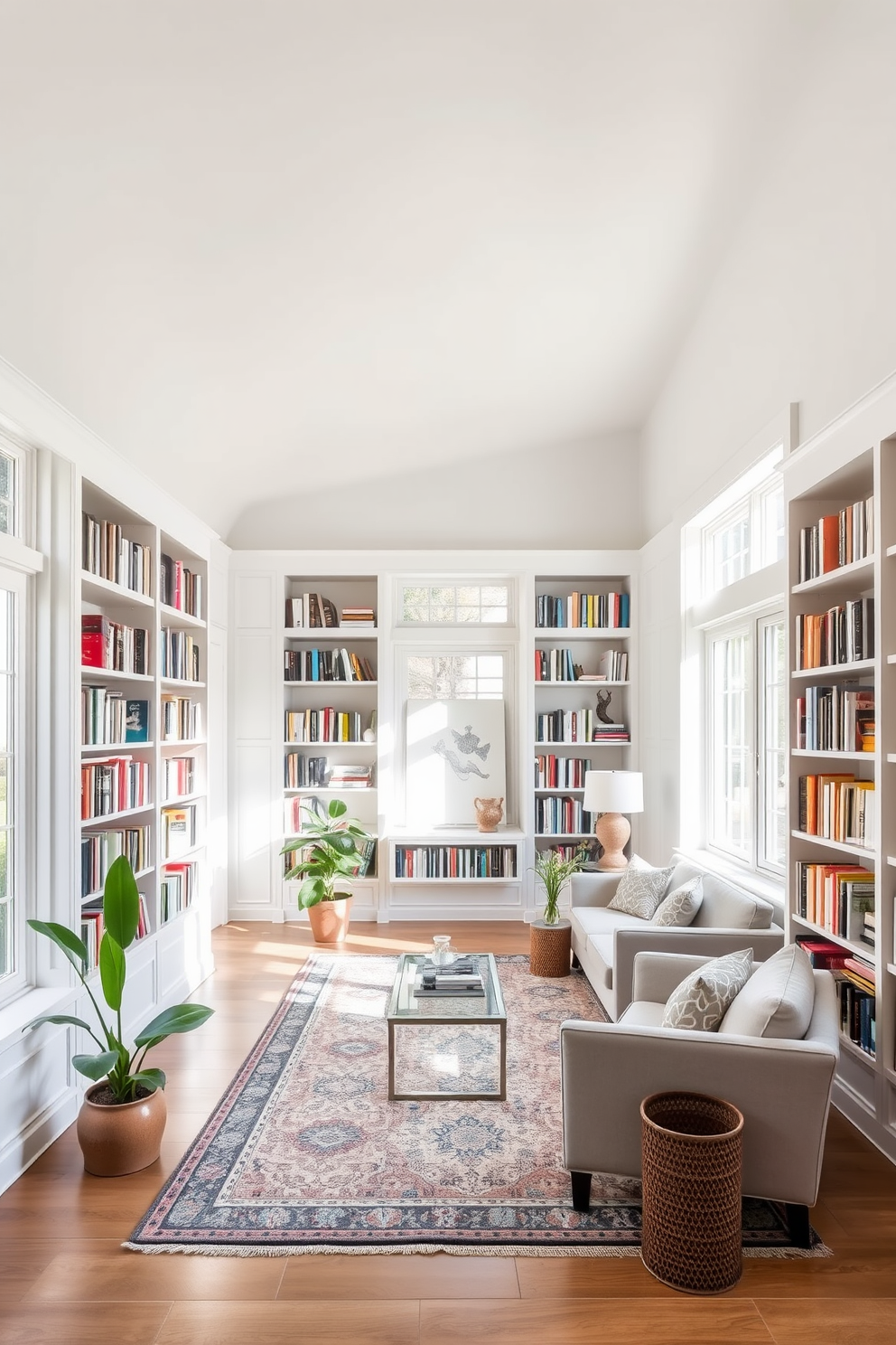 A serene home library filled with natural light streaming through large windows. The walls are lined with custom-built bookshelves showcasing an extensive collection of books, while a cozy reading nook with plush seating invites relaxation. The color palette features soft whites and warm neutrals, creating a calming atmosphere. A stylish area rug anchors the space, and decorative accents like potted plants and art pieces add personality to the room.