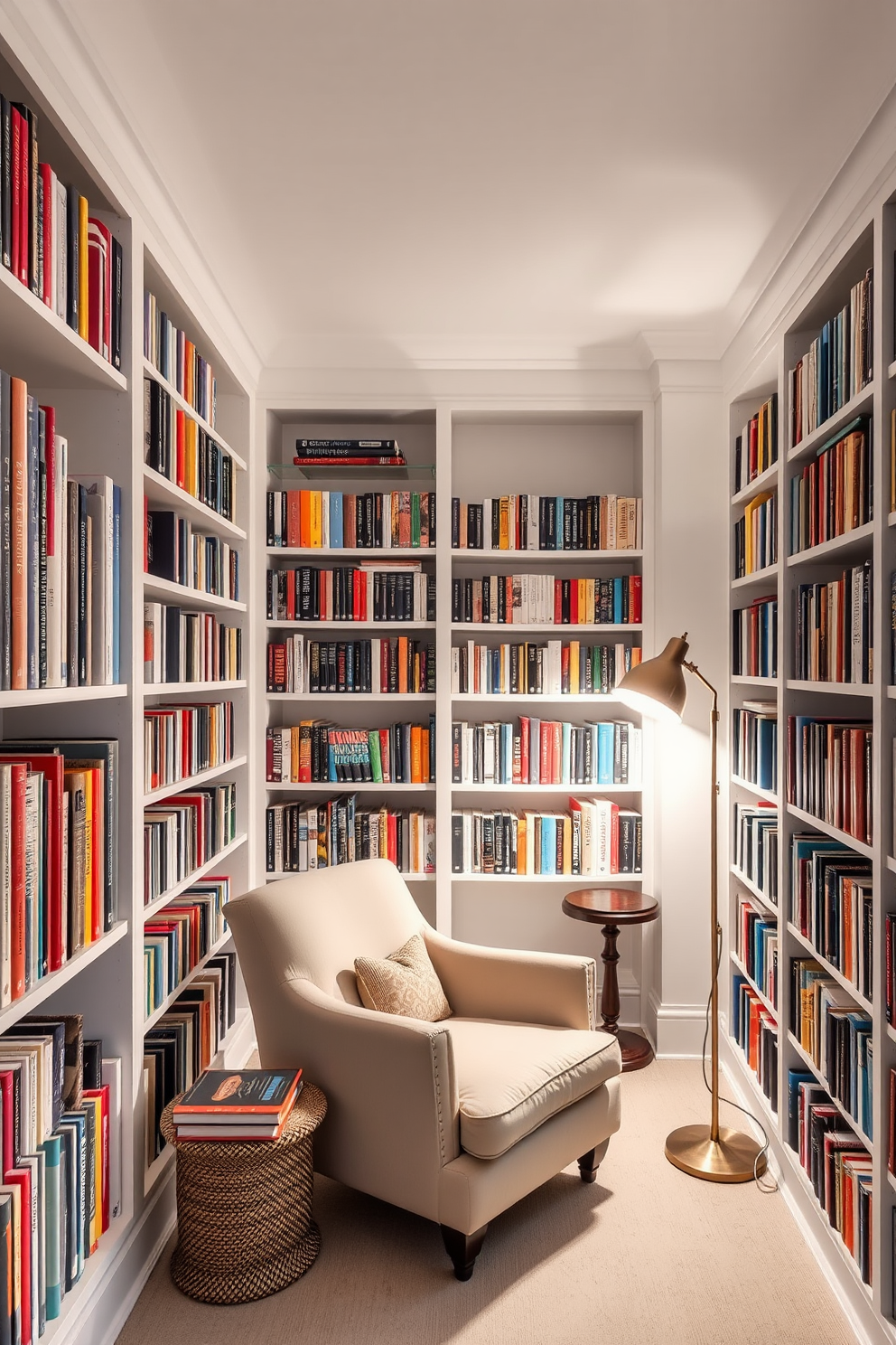 A modern desk with sleek white finishes is positioned against a wall adorned with minimalist artwork. The desk features a clean design with a built-in drawer and a comfortable ergonomic chair in a complementary color. The white home library design is characterized by floor-to-ceiling bookshelves filled with an array of books. A cozy reading nook with a plush armchair and soft lighting creates an inviting atmosphere for relaxation and study.