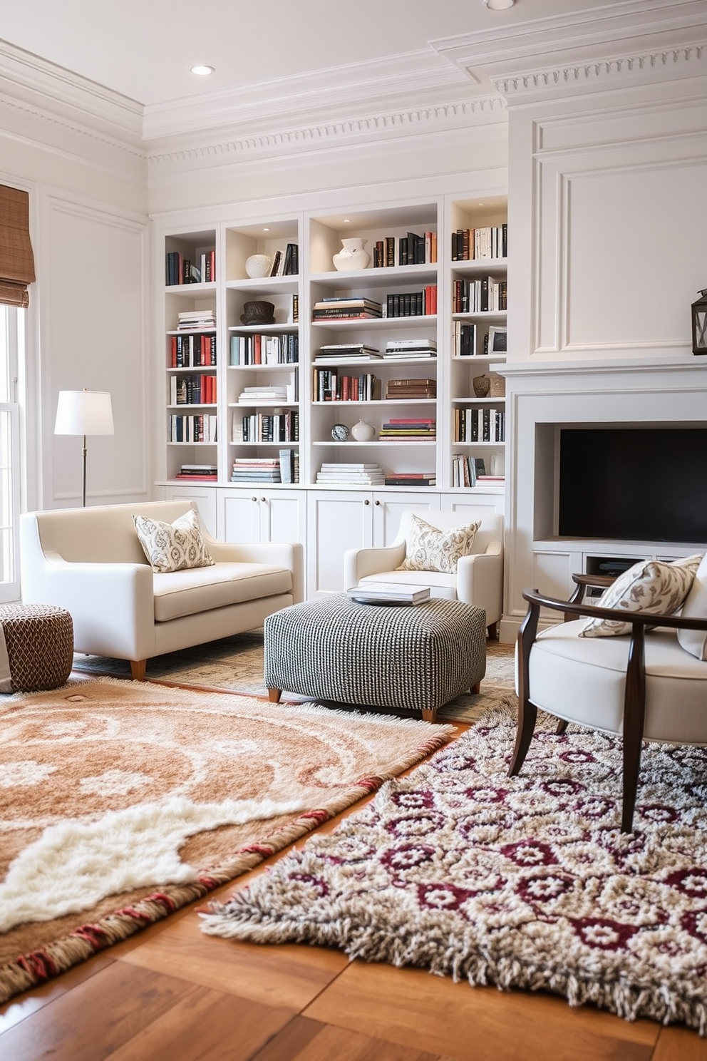 Layered rugs in a cozy home library create a warm and inviting atmosphere. The combination of different textures and patterns adds depth to the space, enhancing both comfort and style. A white home library features sleek shelving filled with books and decorative items. Soft lighting illuminates the area, highlighting the elegant furnishings and creating a serene reading environment.