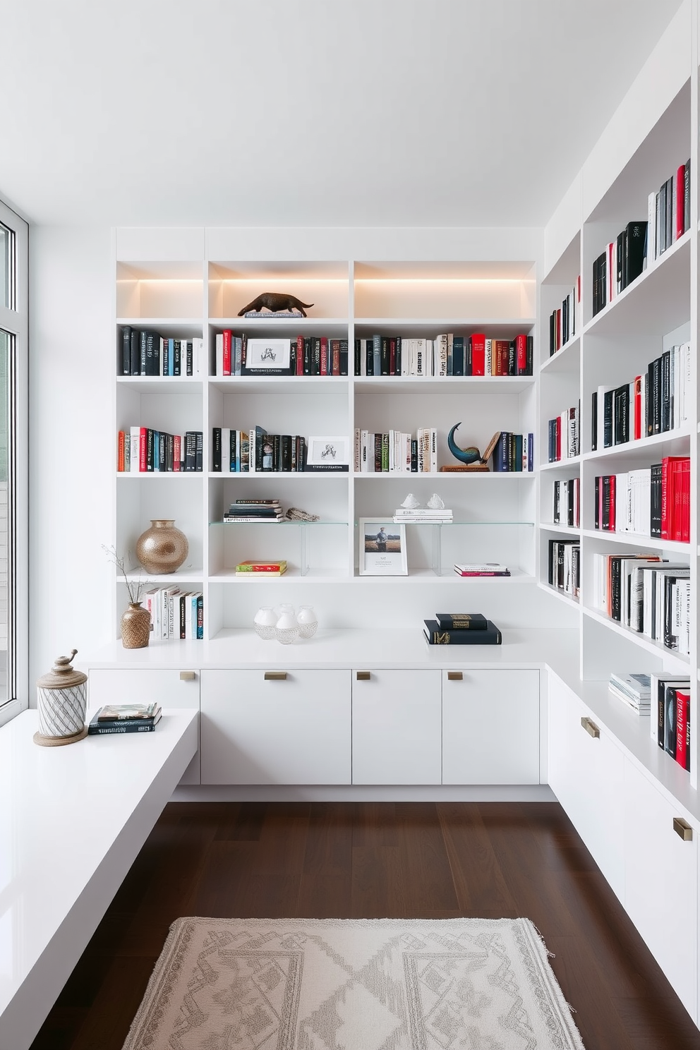 A sleek white home library features floating shelves that create a modern and airy feel. The shelves are filled with an array of books and decorative objects, enhancing the contemporary aesthetic of the space.