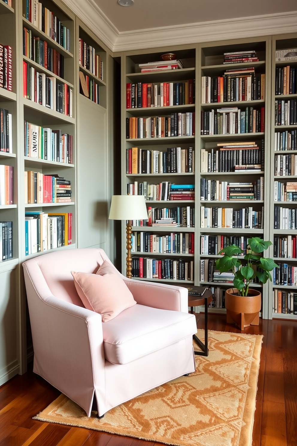 Create a cozy home library featuring an accent chair in soft pastel tones. The room is filled with tall bookshelves lined with books, and a warm, inviting rug covers the wooden floor.